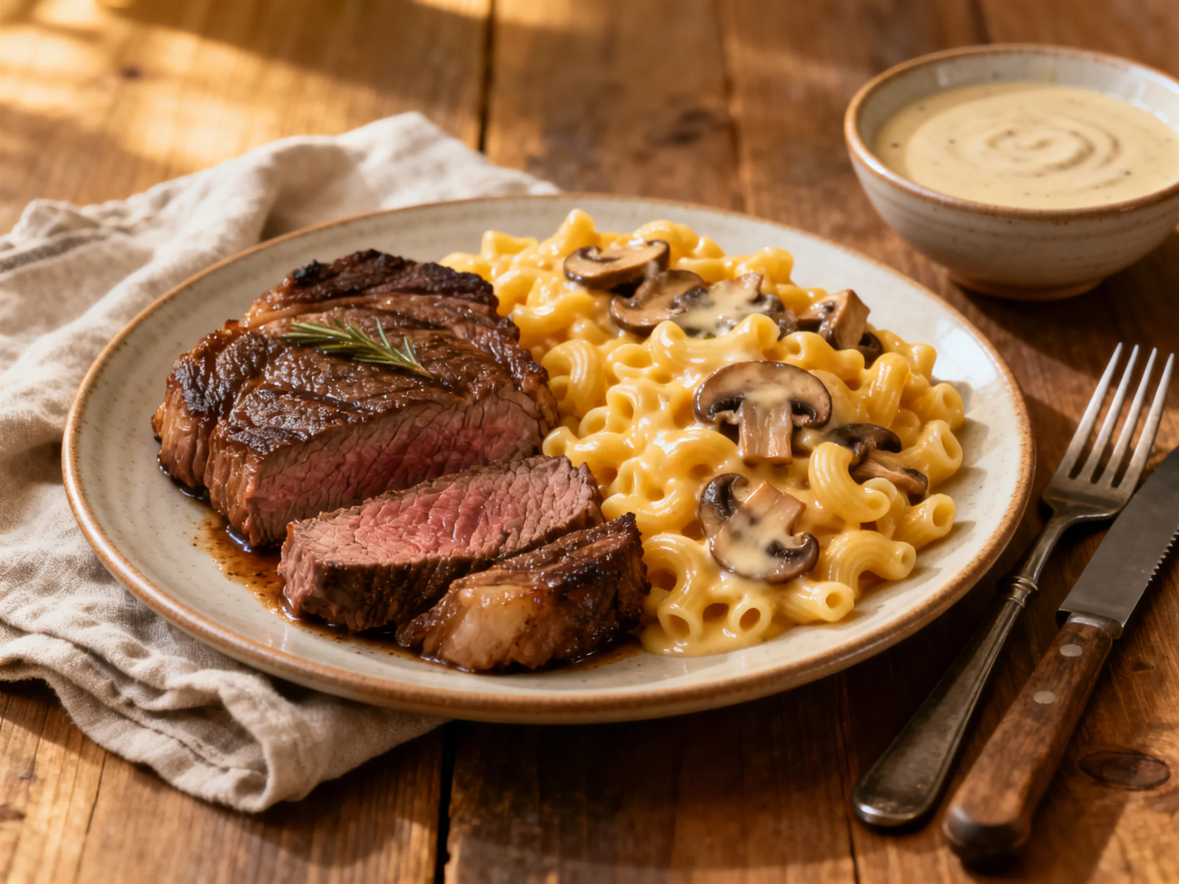 Sliced grilled steak with creamy mushroom macaroni and cheese
