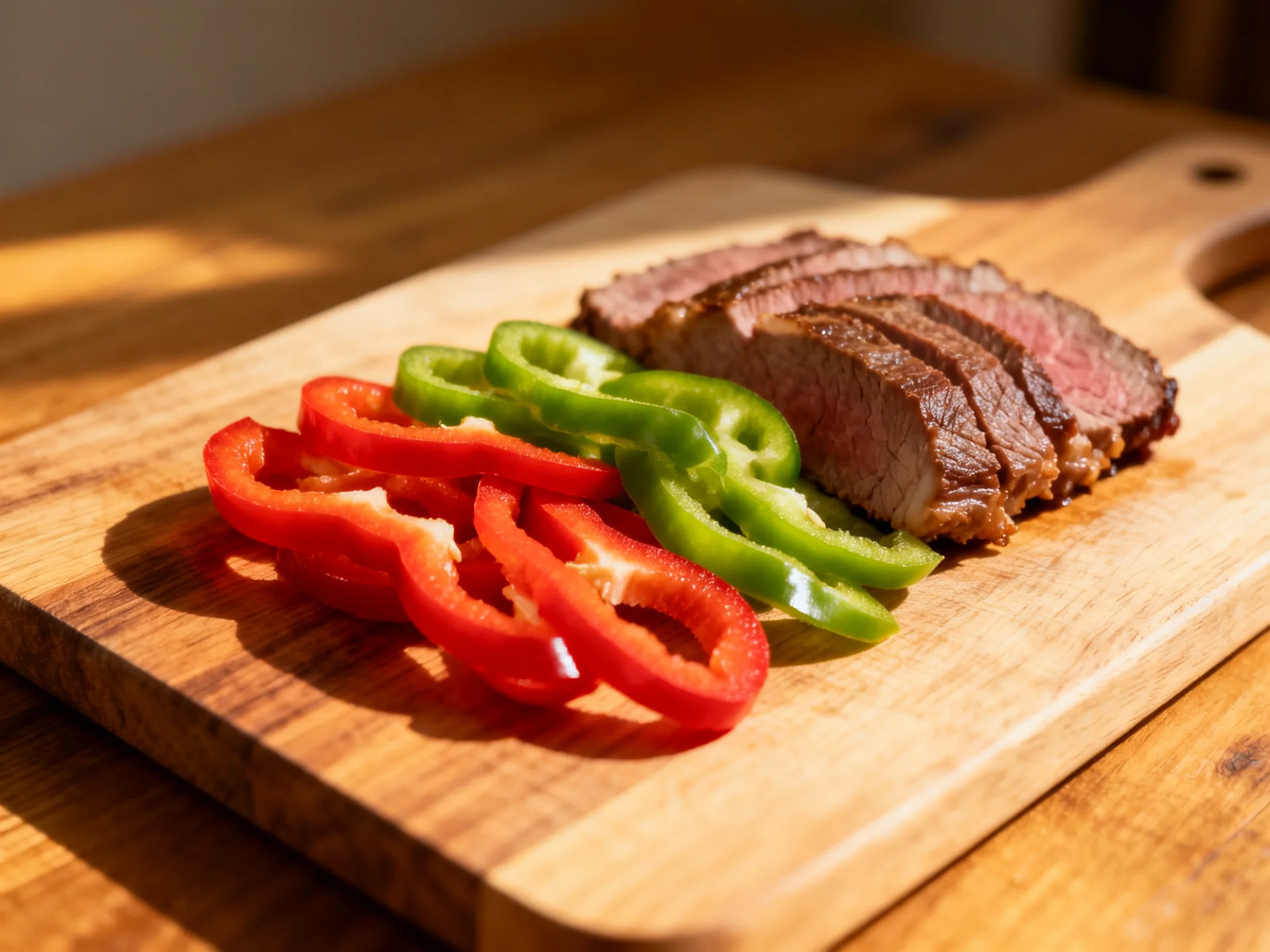 Sliced grilled steak with red and green bell pepper slices on a wooden cutting board