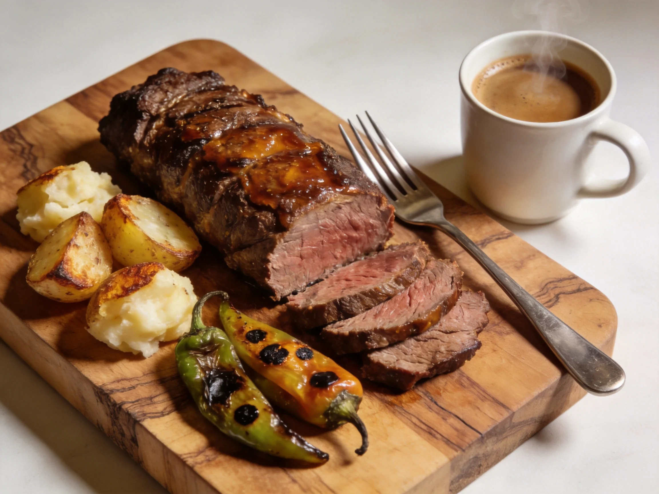 Sliced grilled steak with roasted potatoes, charred peppers, and coffee