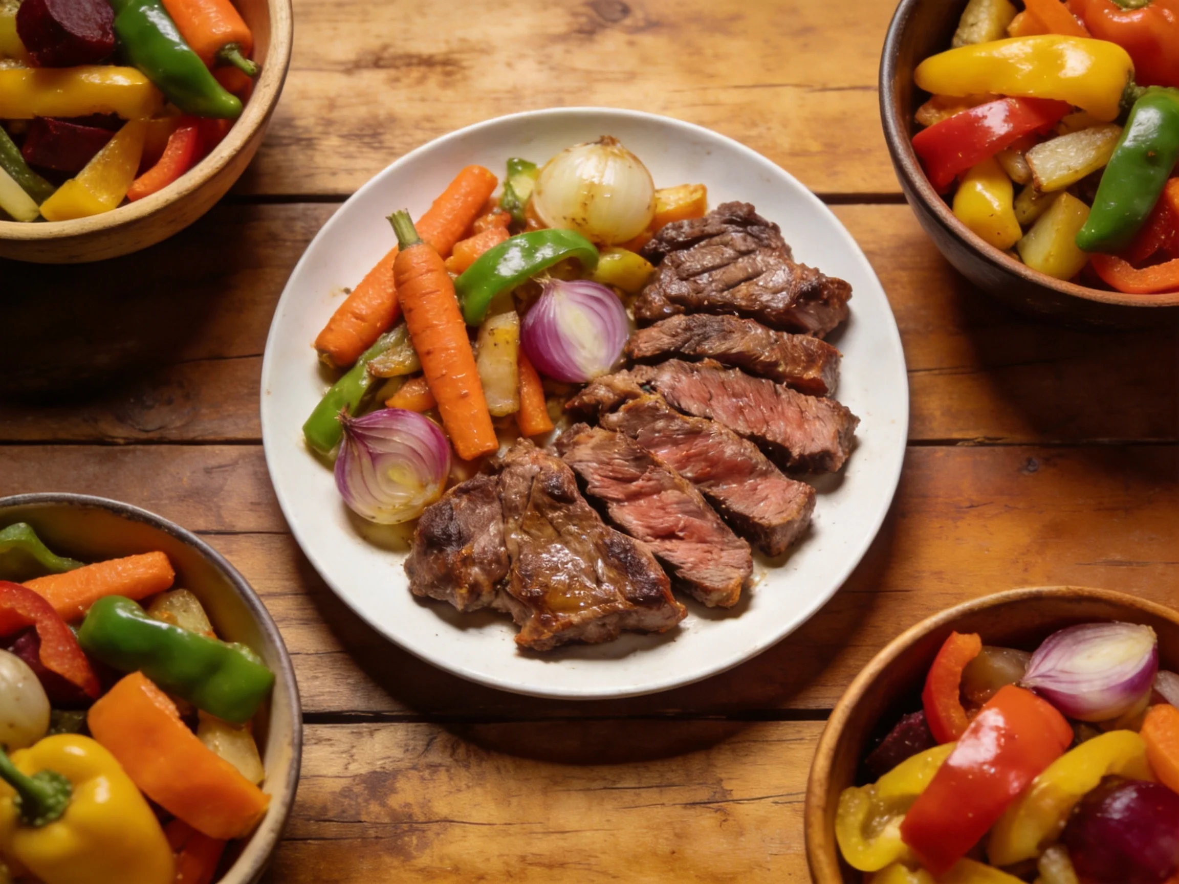 Sliced grilled steak with roasted vegetables in wooden bowls