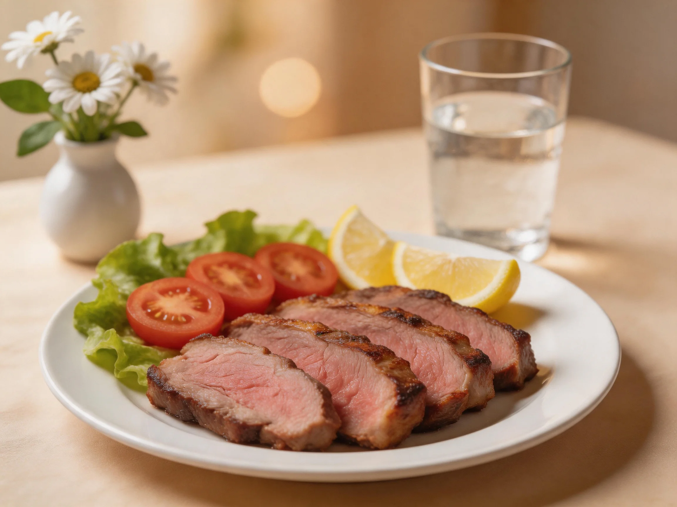 Sliced grilled steak with tomatoes, lemon, and greens on a white plate