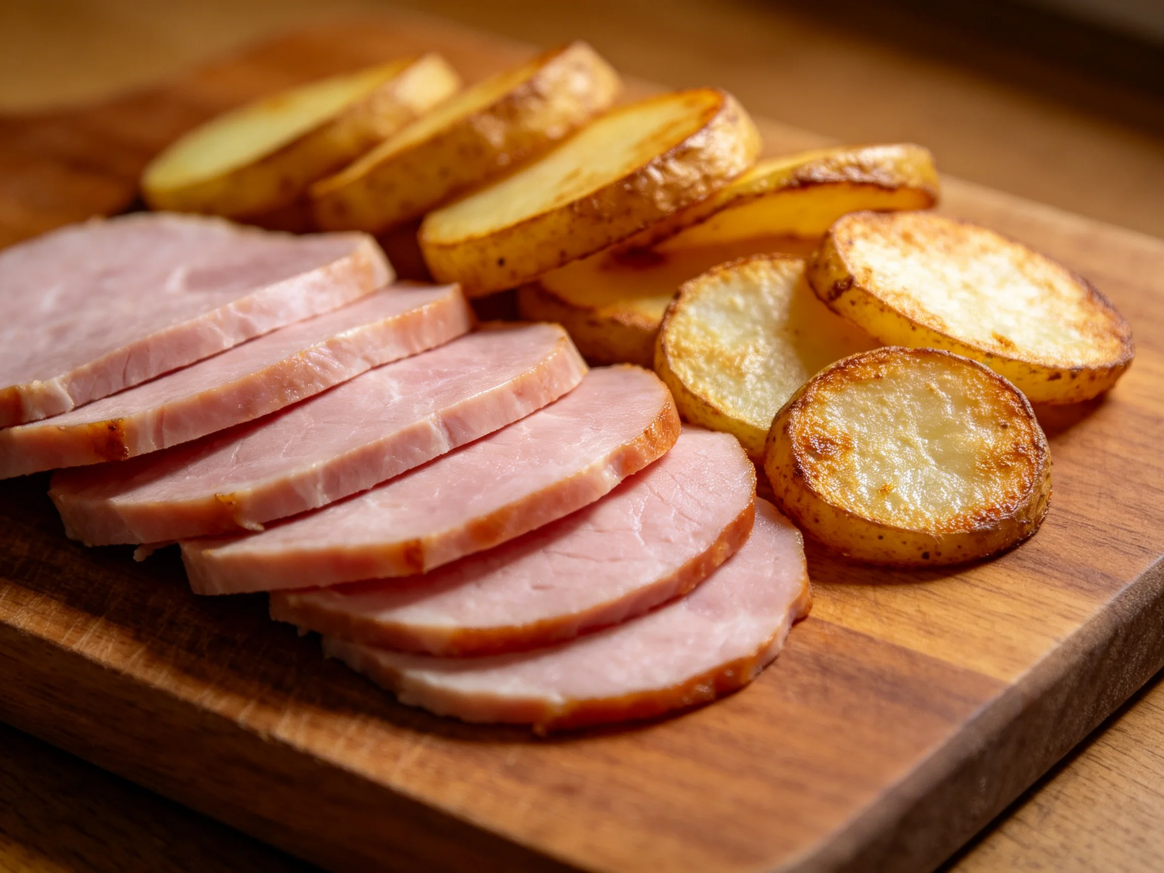 Sliced ham and golden-brown roasted potato slices on a wooden cutting board
