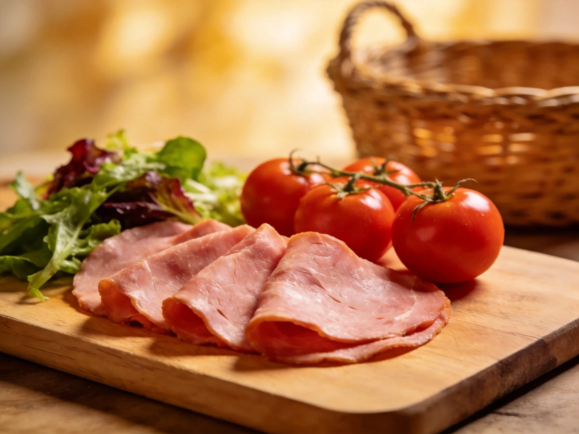 Sliced ham, cherry tomatoes, and mixed greens on a wooden cutting board