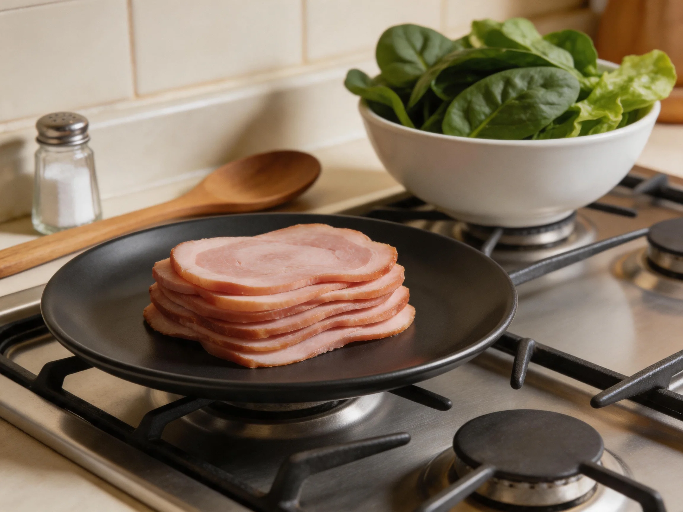 Sliced ham cooking on a black skillet near fresh leafy greens