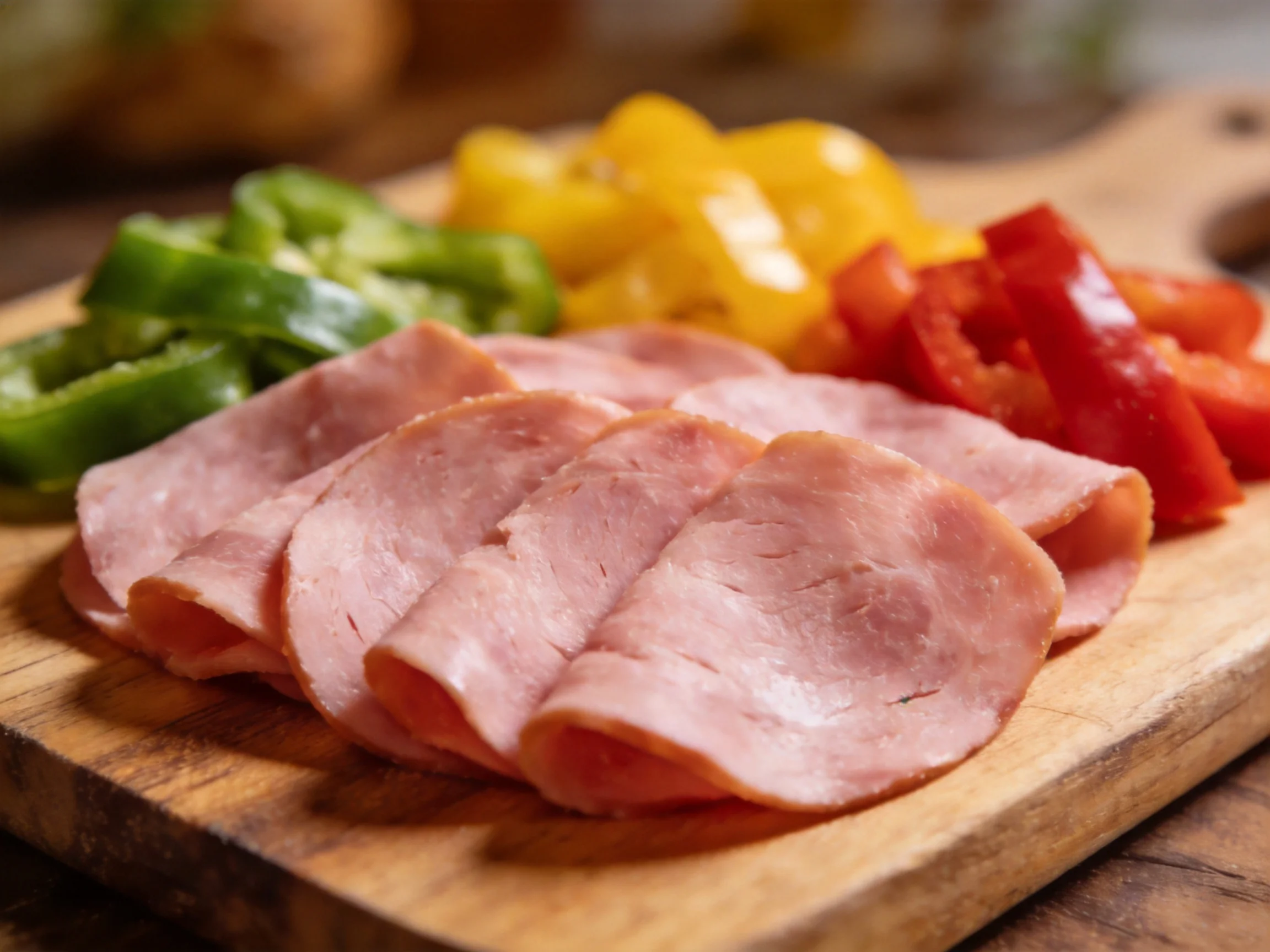 Sliced ham, green, yellow, and red bell peppers on a wooden cutting board