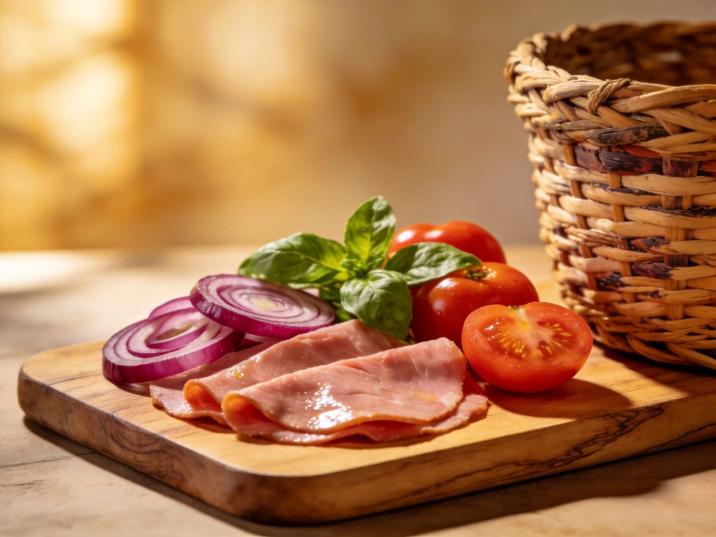 Sliced ham, red onion rings, cherry tomatoes, and basil on a wooden cutting board beside a wicker bas