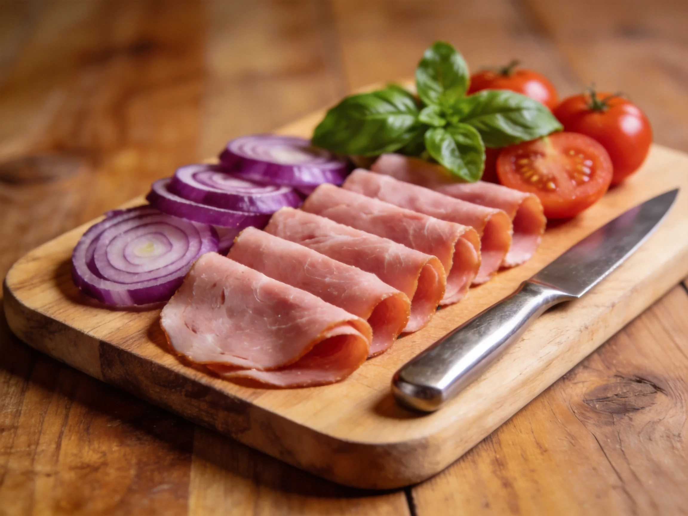 Sliced ham, red onions, cherry tomatoes, and basil on a wooden cutting board
