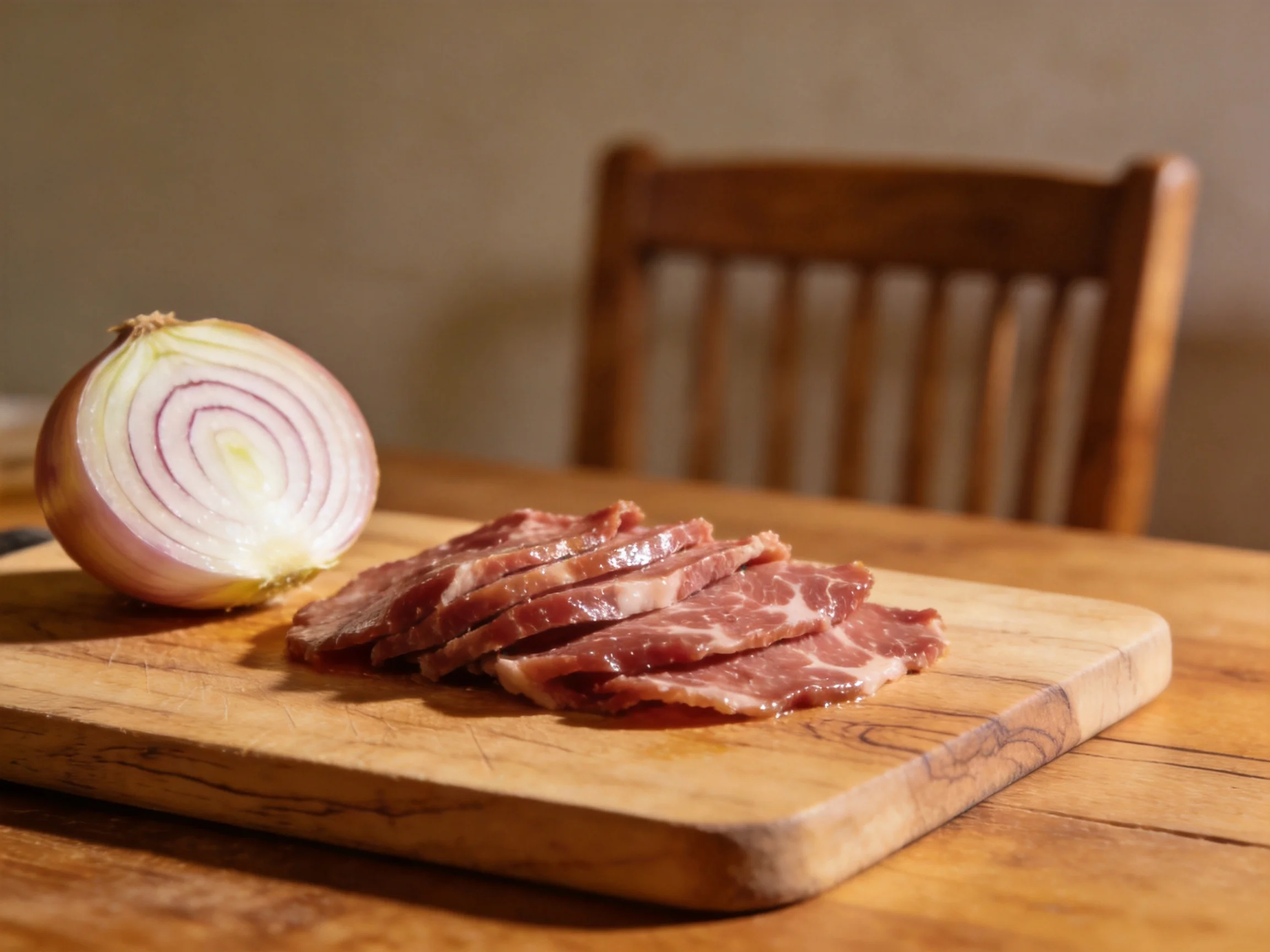Sliced maroon meat and purple onion on a wooden cutting board near a brown chair