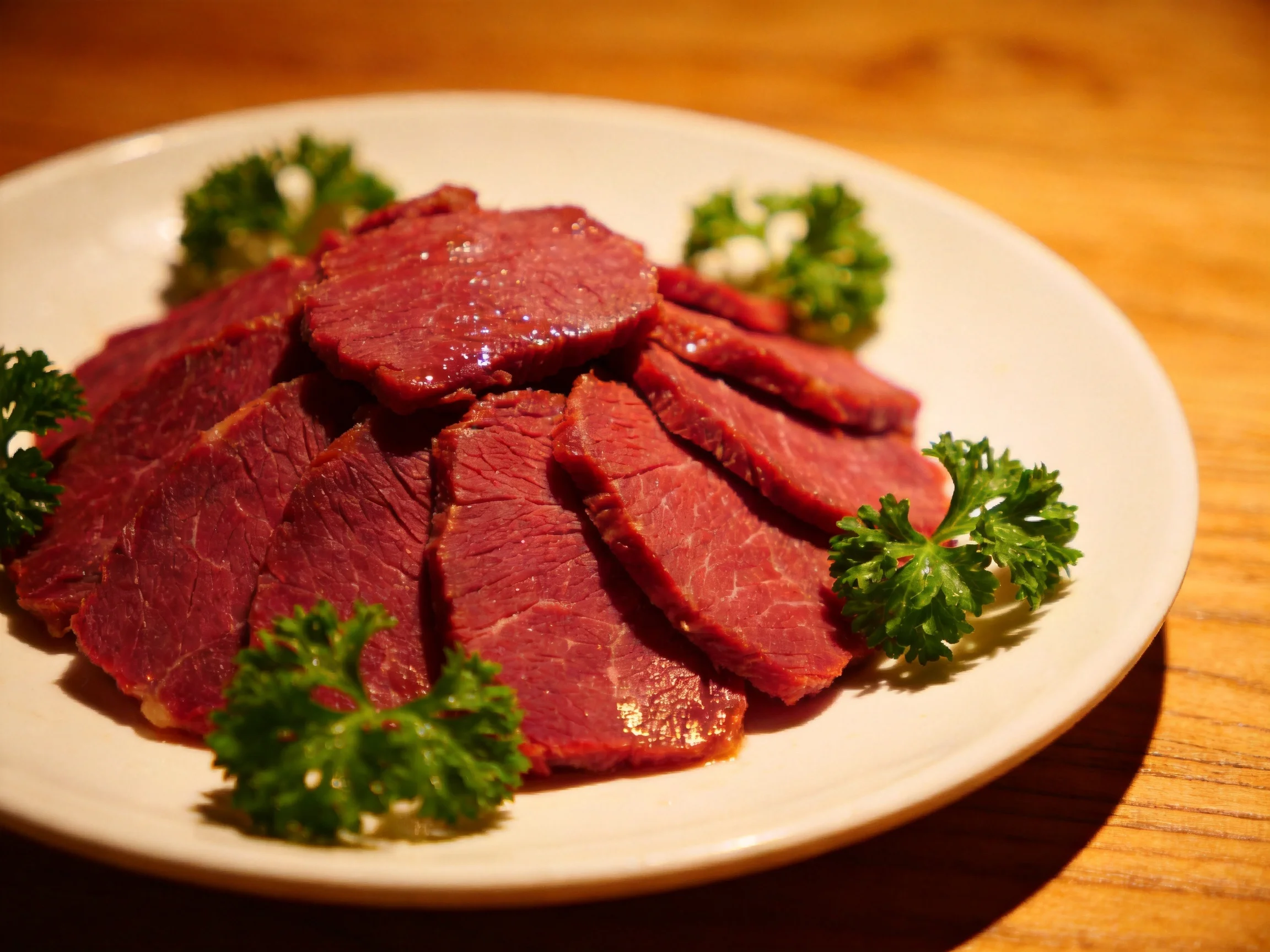 Sliced maroon meat arranged on a white plate with parsley garnish