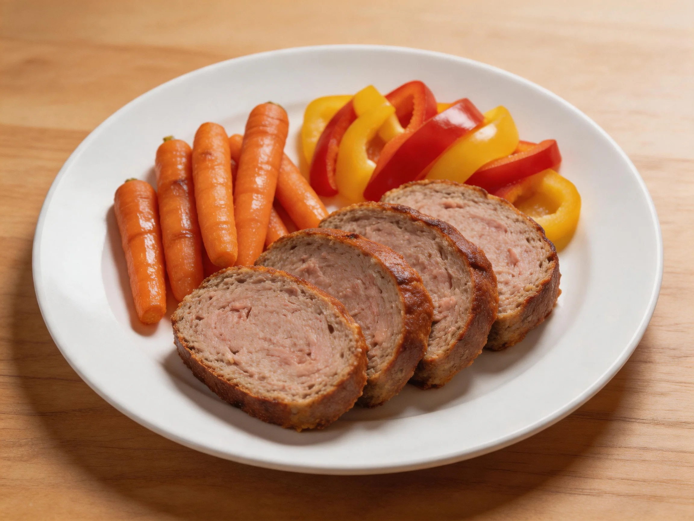 Sliced meatloaf with baby carrots and colorful bell pepper strips