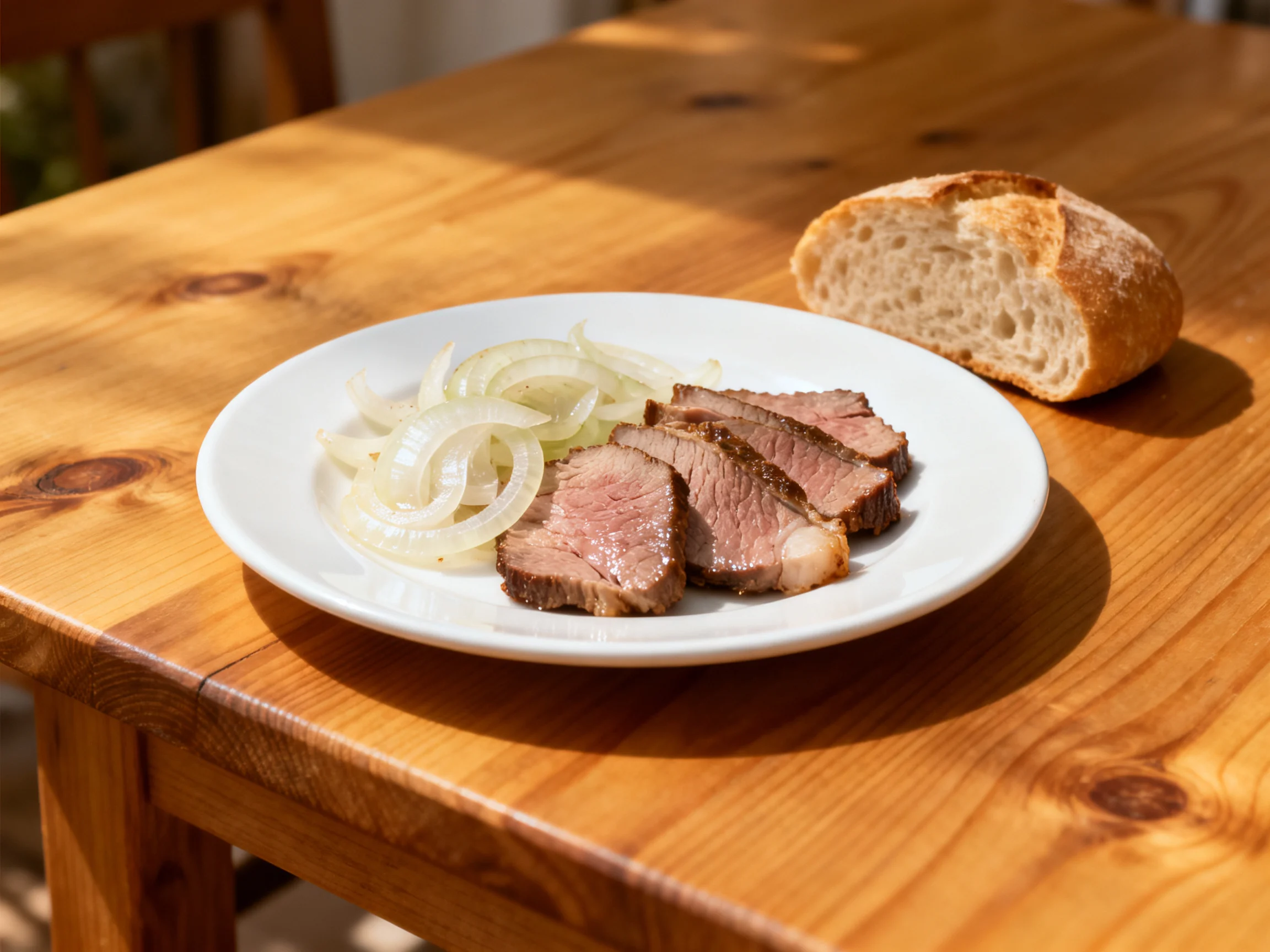 Beef slices and caramelized onions sit beside crusty bread on a wooden table.