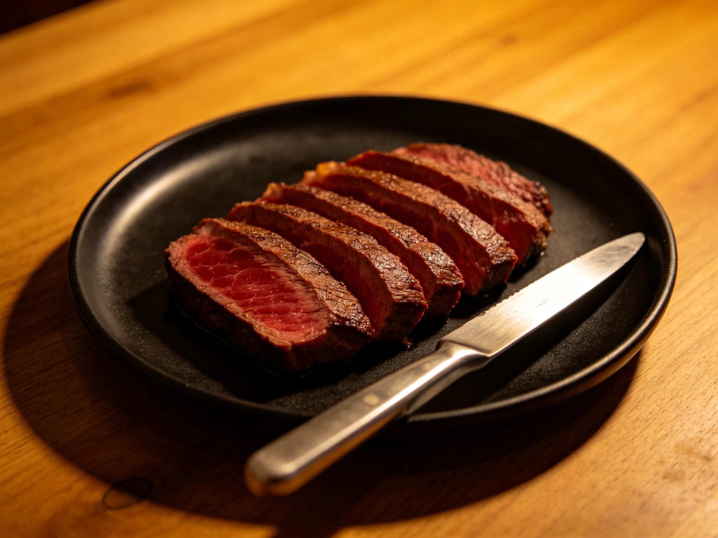 Sliced medium-rare beef on a matte black plate with a silver knife
