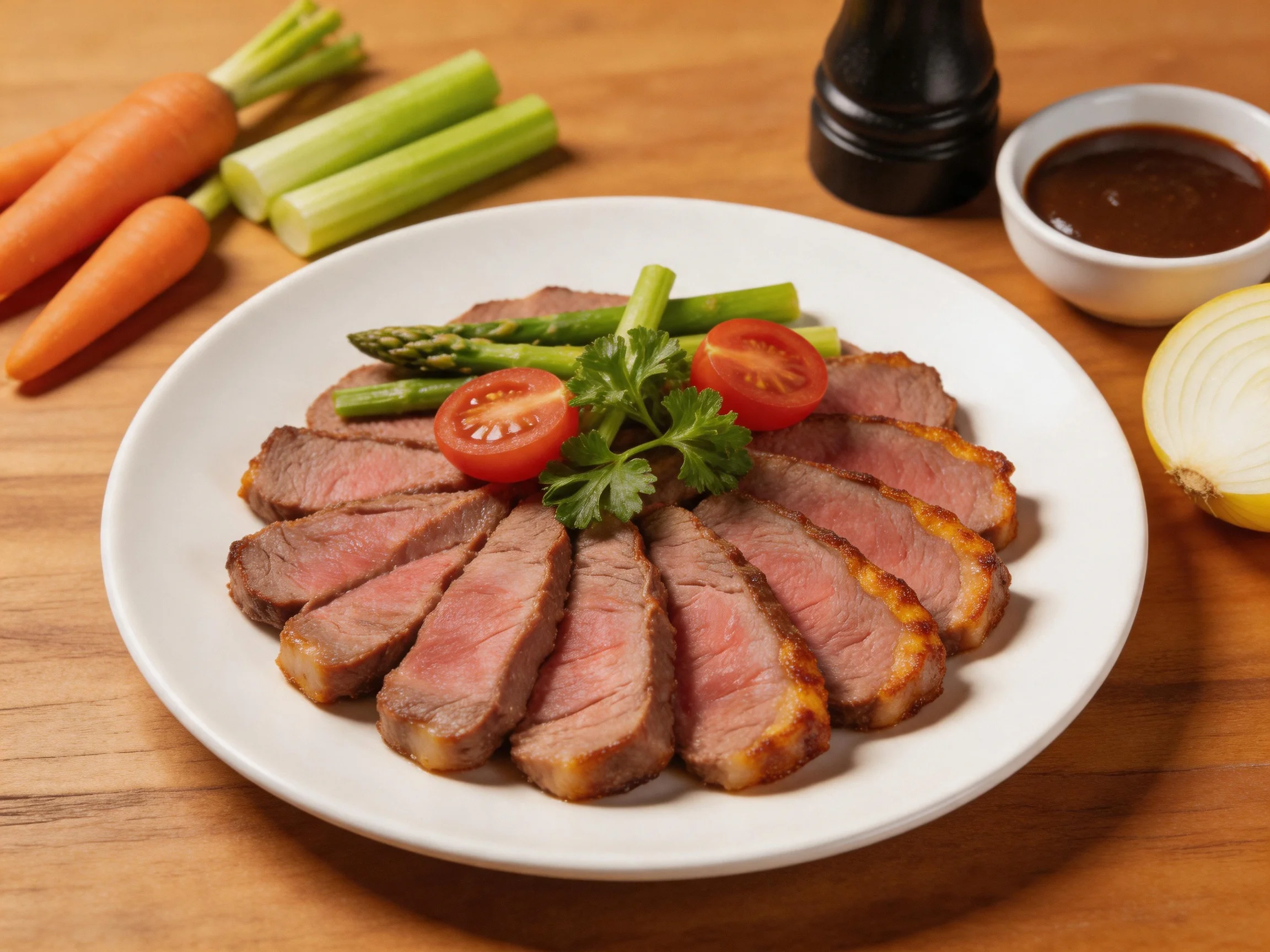 Sliced medium-rare beef served with fresh vegetables and sauce