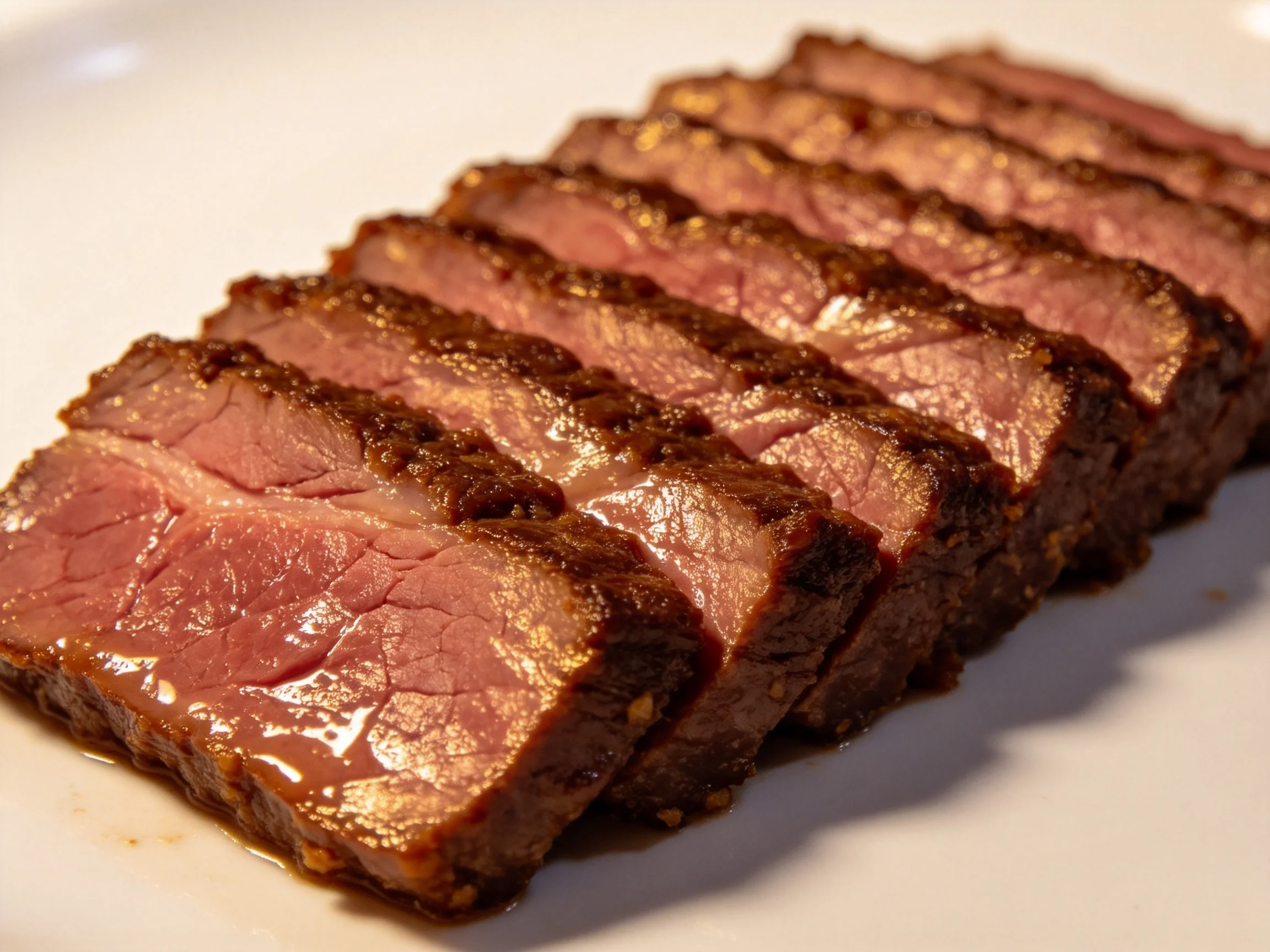 Sliced medium-rare beef steak with dark brown crust