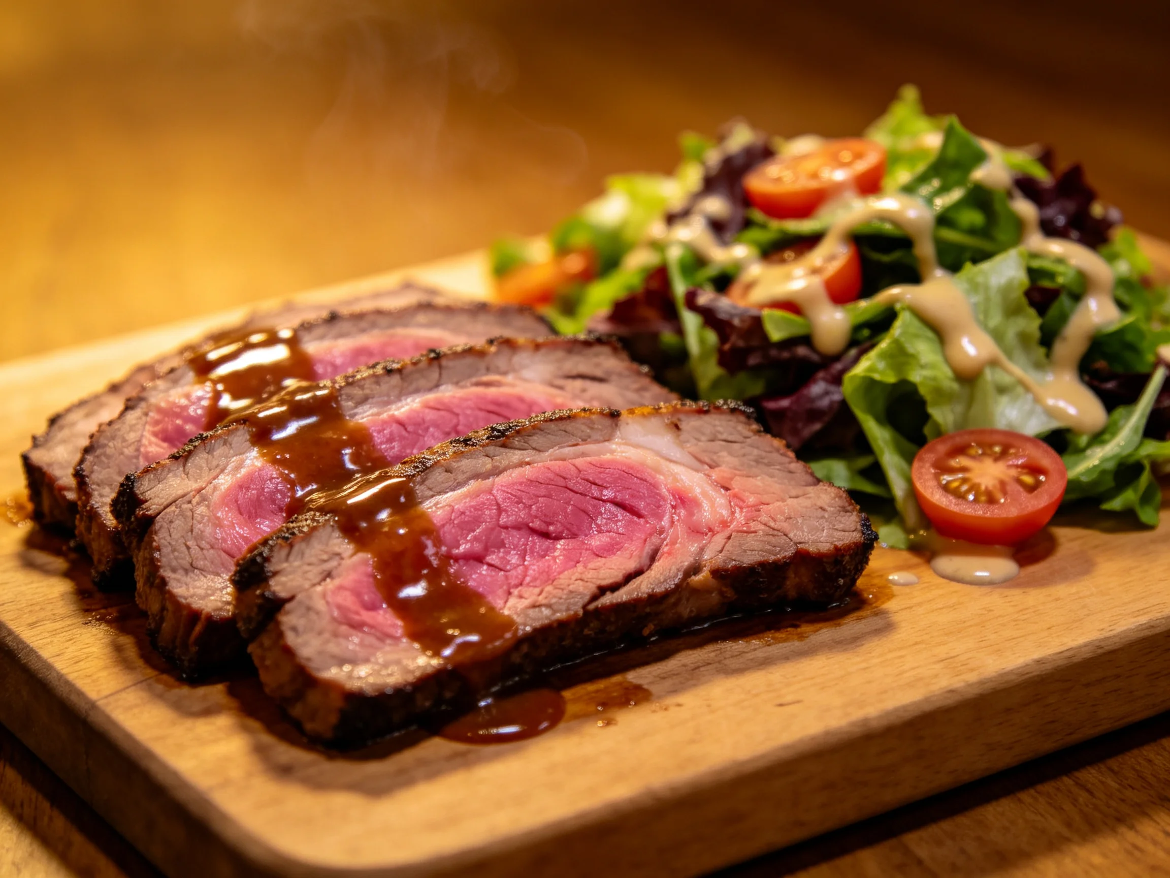 Sliced medium-rare beef with mixed greens salad on a wooden cutting board