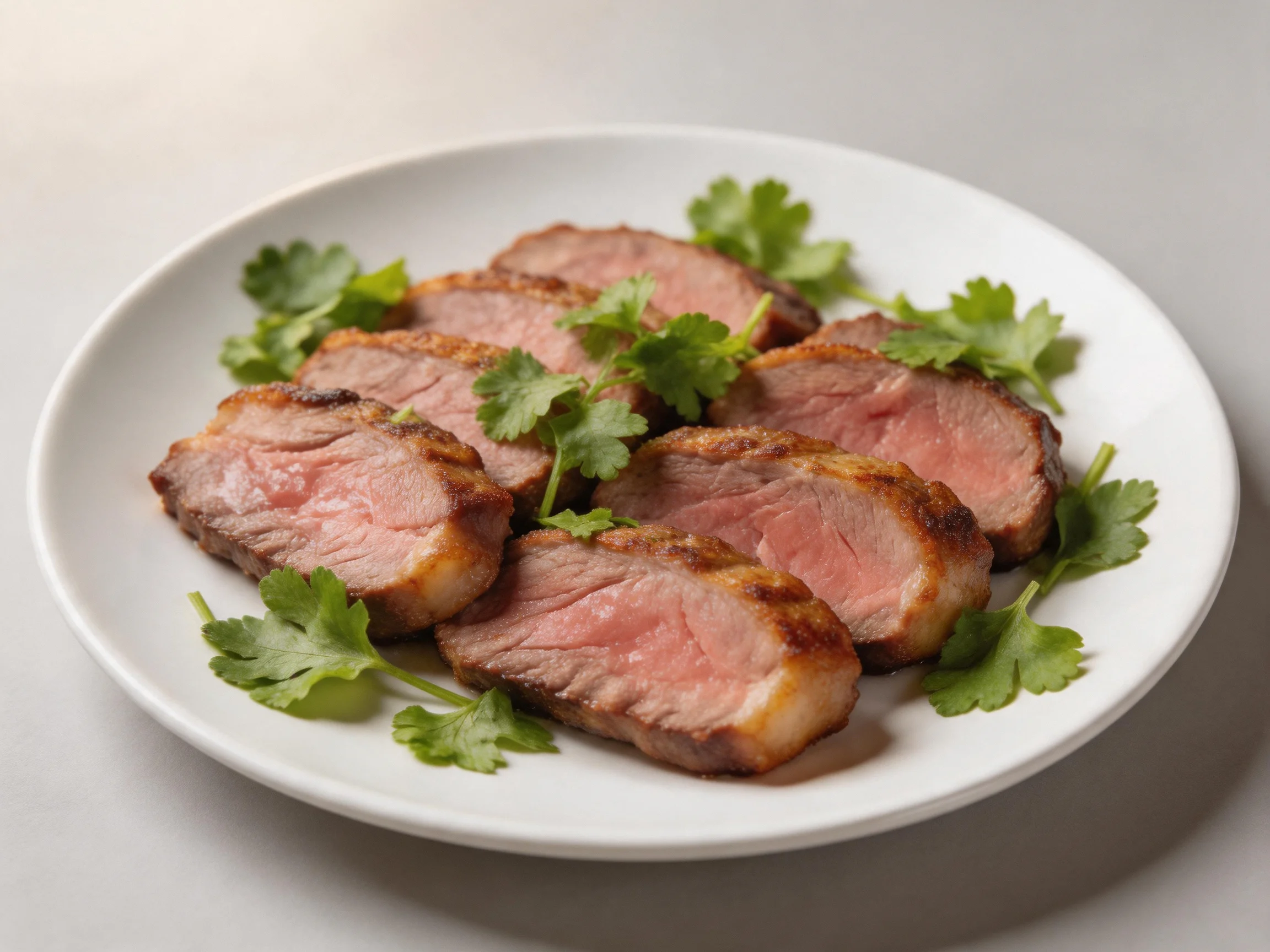 Sliced medium-rare pork with fresh cilantro on a white plate