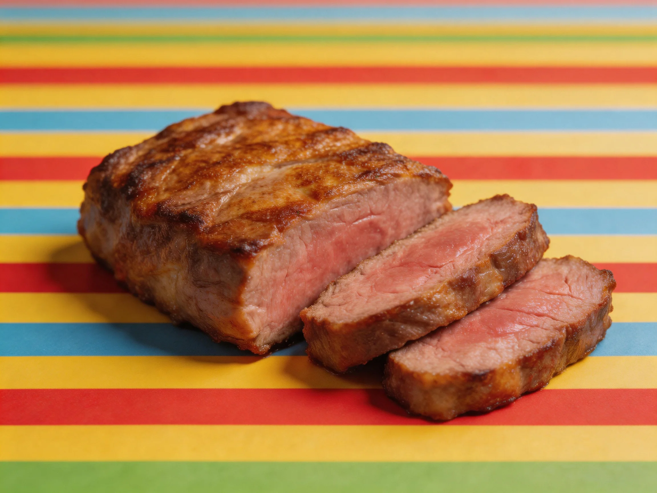 Sliced medium-rare roast beef on colorful horizontal striped surface