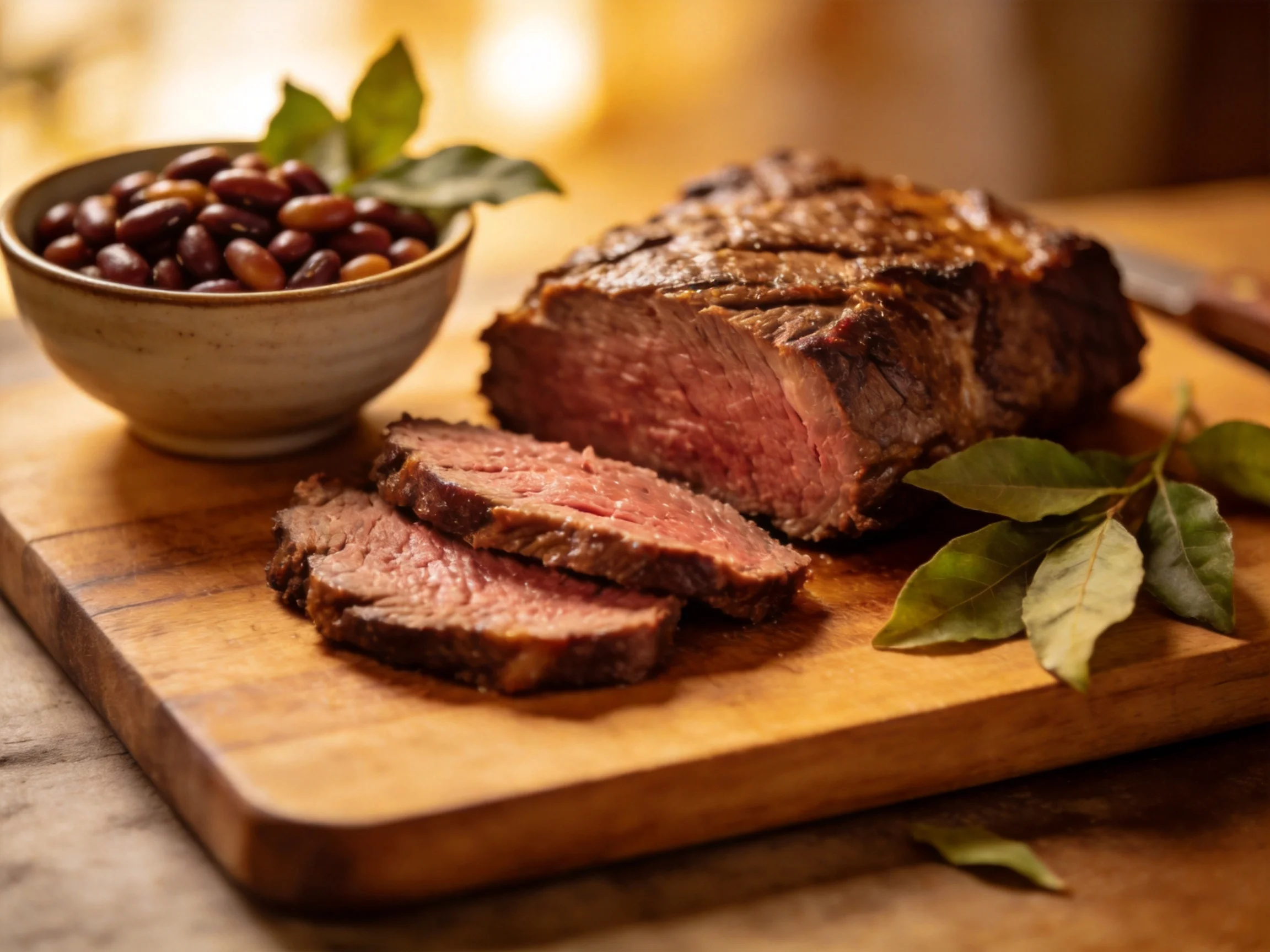 Sliced medium-rare roast beef with beans on a wooden cutting board