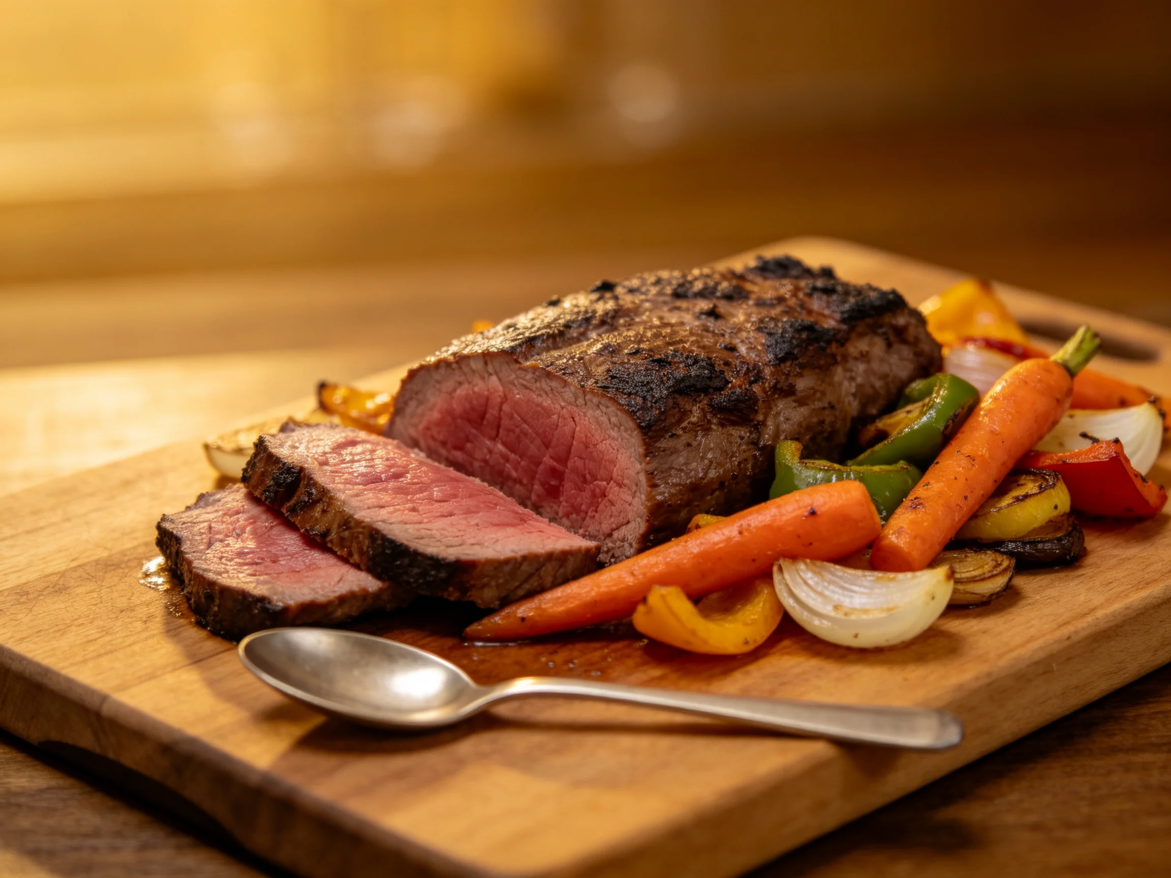 Sliced medium-rare roast beef with colorful vegetables on a wooden cutting board