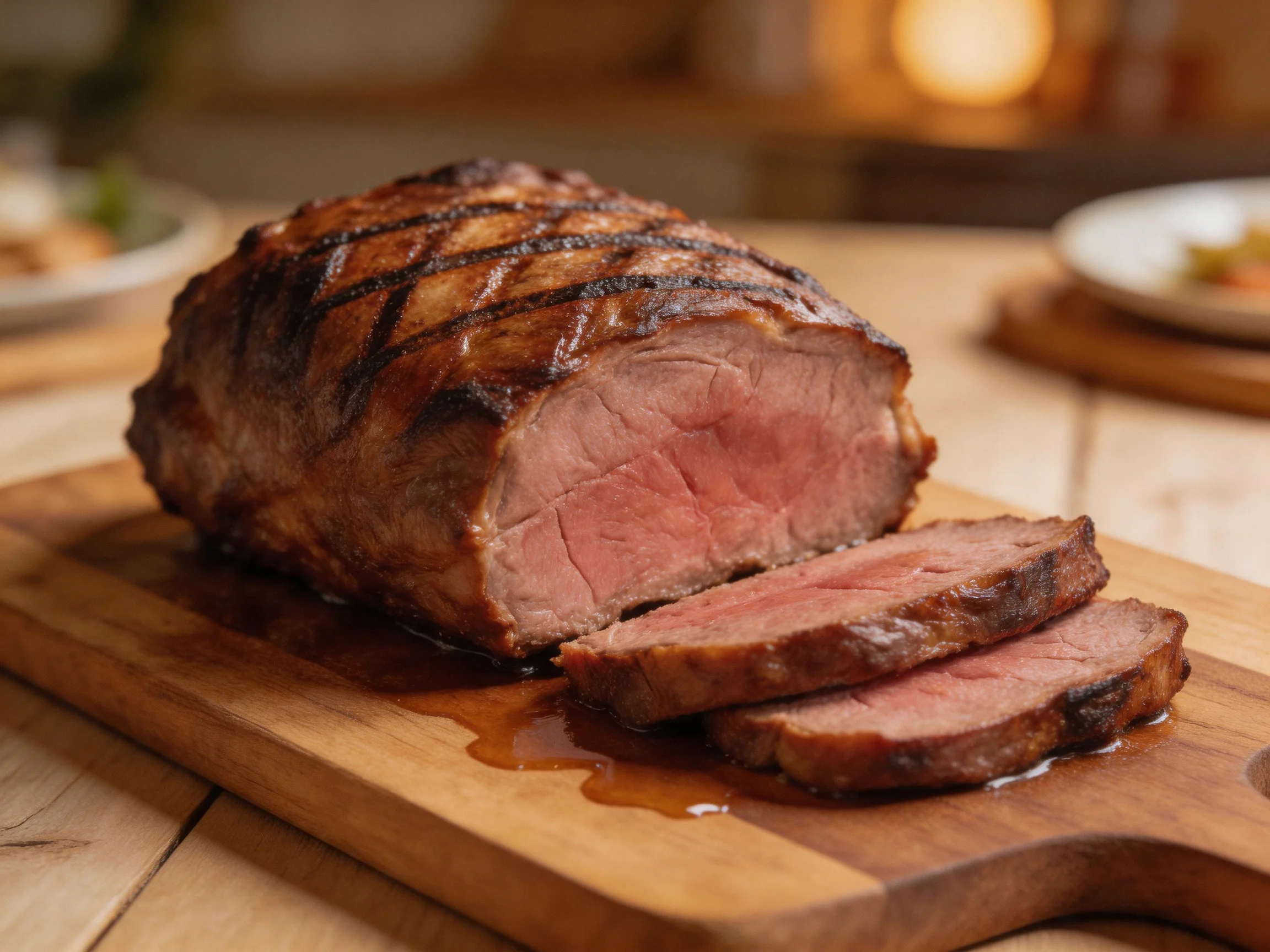 Sliced medium-rare roasted beef on a wooden cutting board