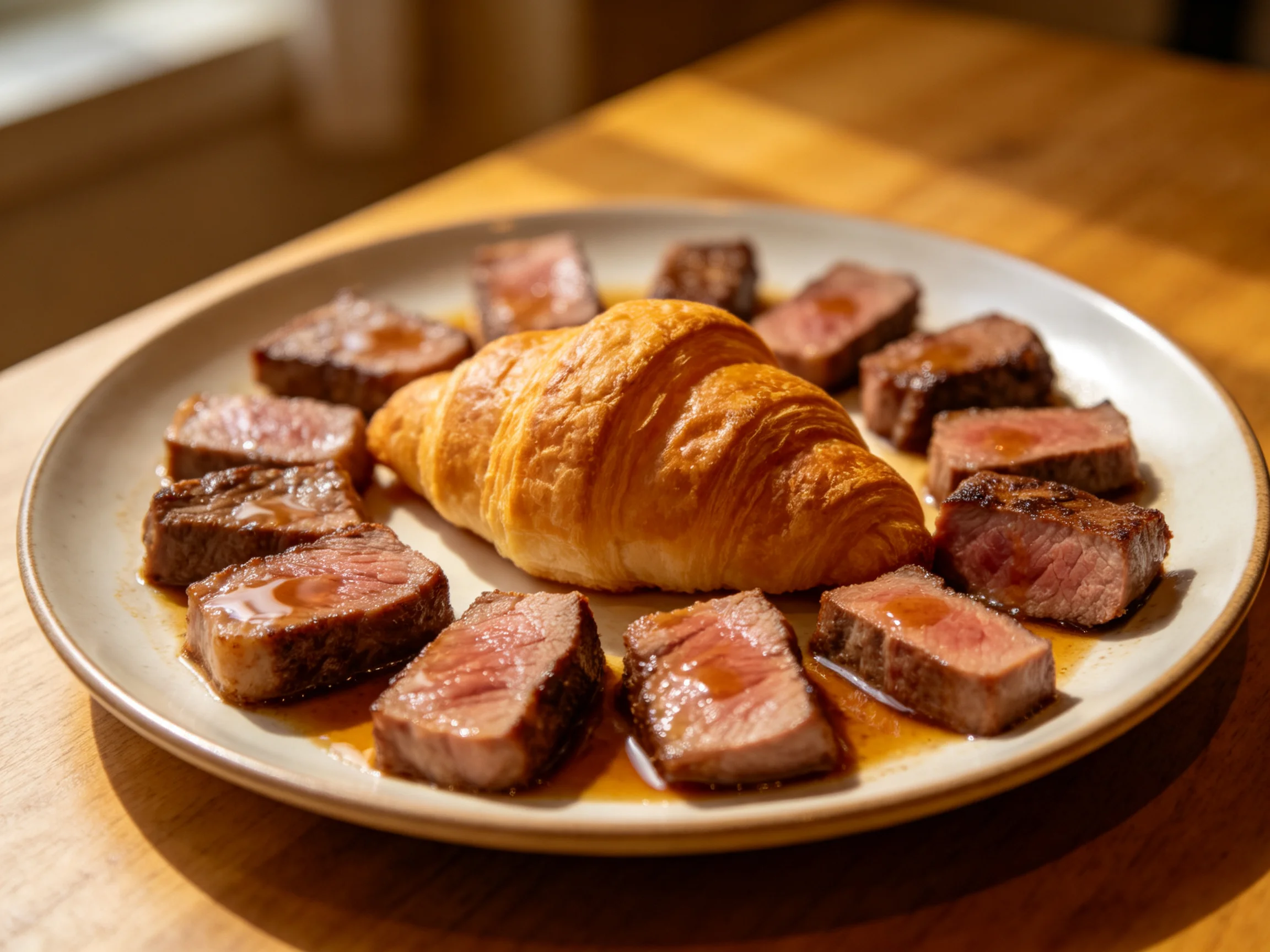 Sliced medium-rare steak and golden croissant on a white plate