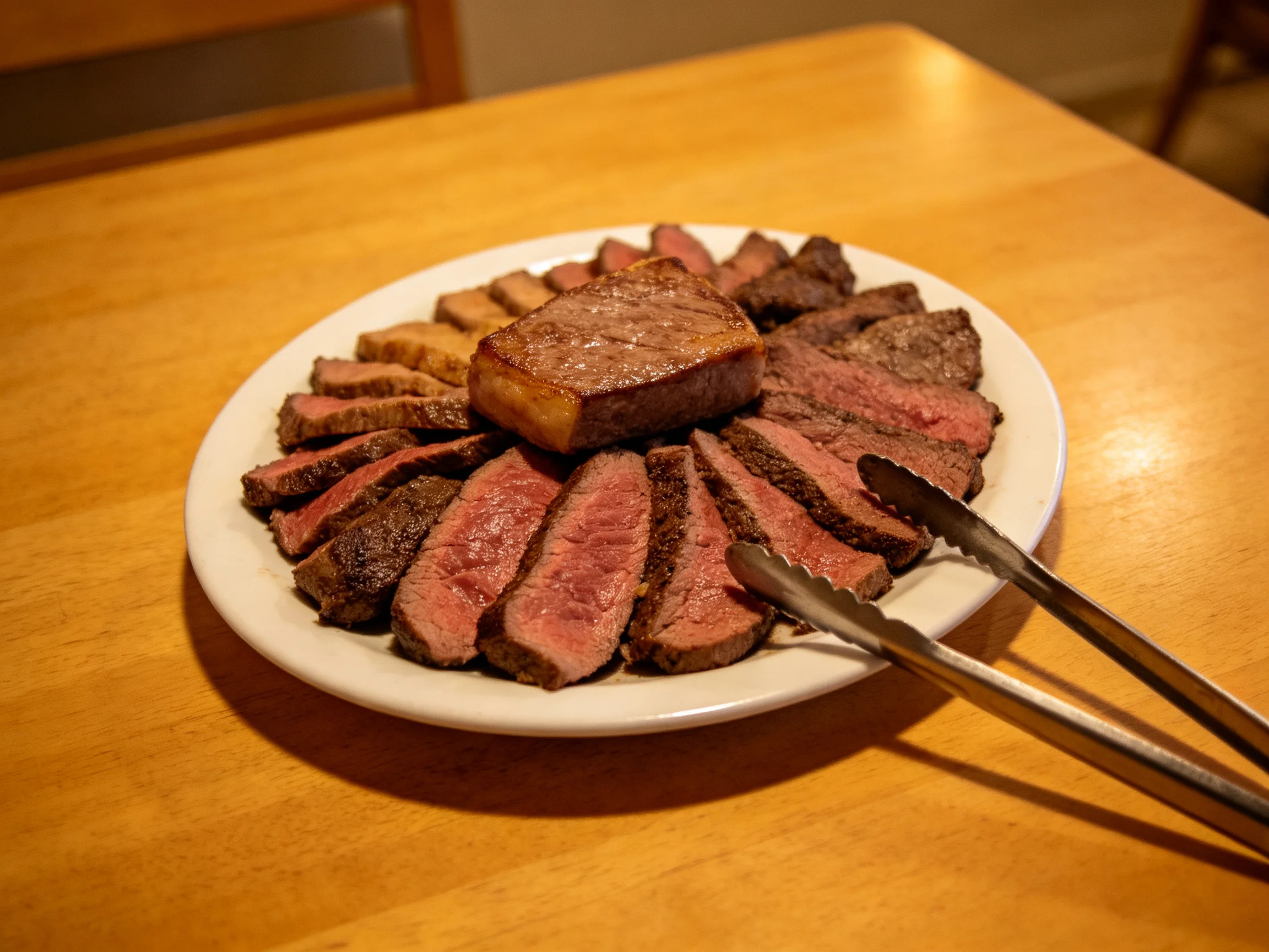 Sliced medium - rare steak arranged on a white platter with serving tongs
