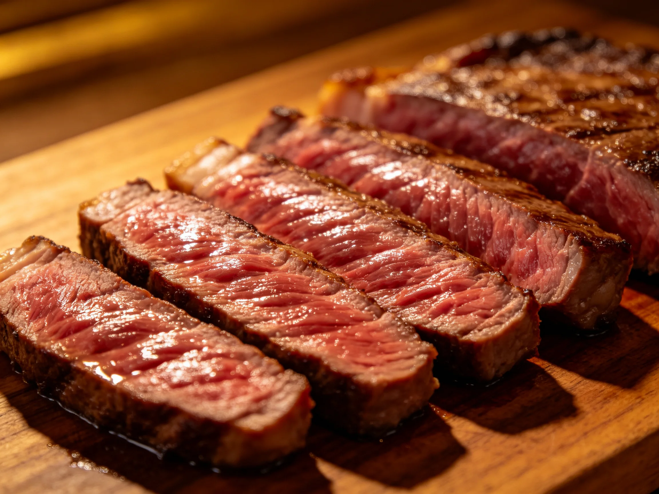 Sliced medium-rare steak arranged on a wooden cutting board