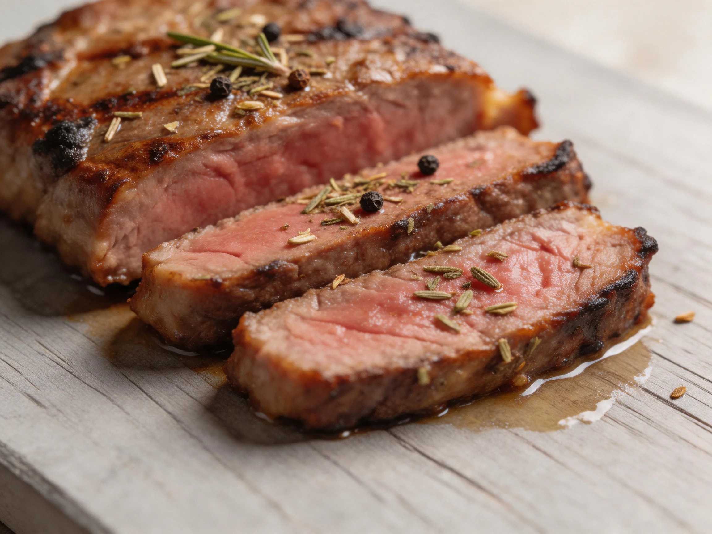 Sliced medium-rare steak garnished with fresh herbs