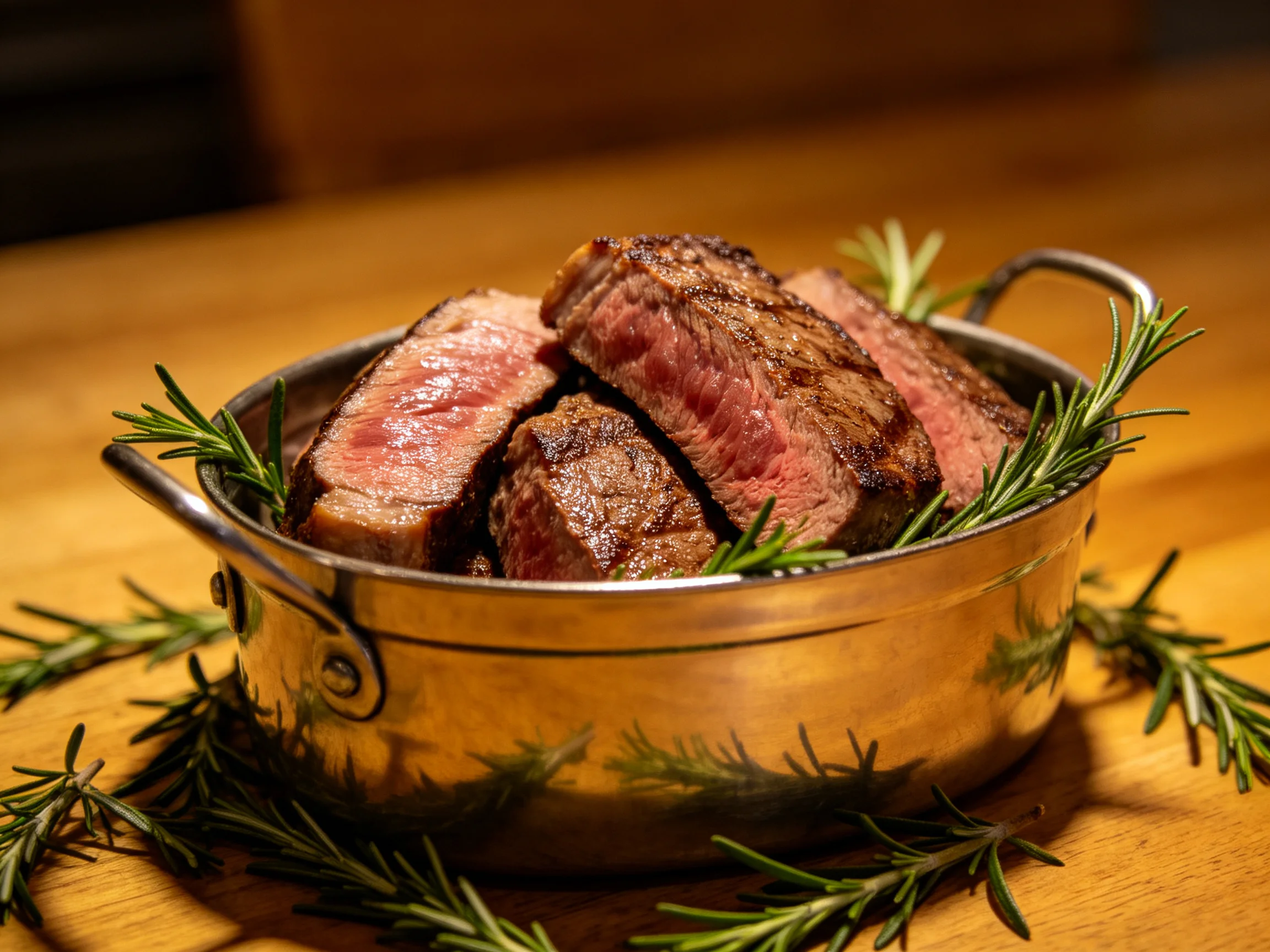 Sliced medium-rare steak in a metallic bowl with fresh rosemary sprigs