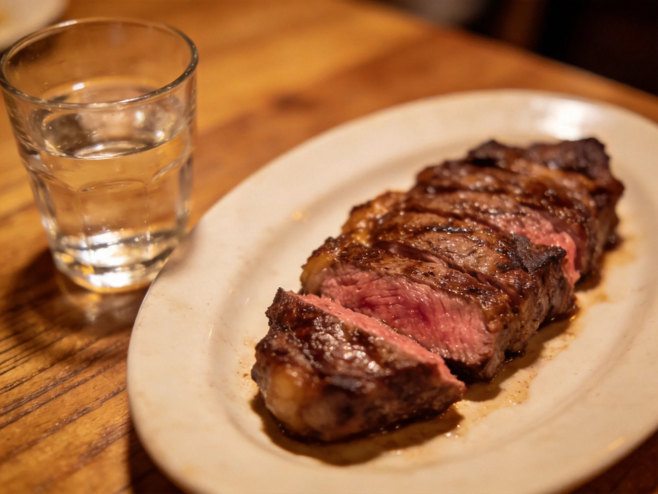 Sliced medium-rare steak on an oval plate with a glass of water