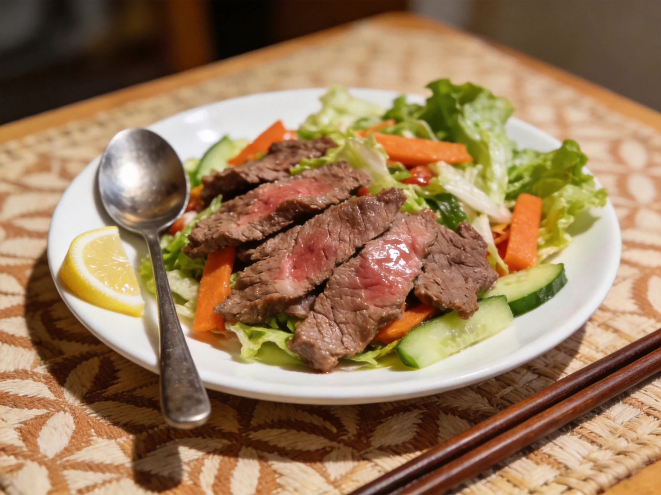 Sliced medium-rare steak served with mixed vegetables and lemon