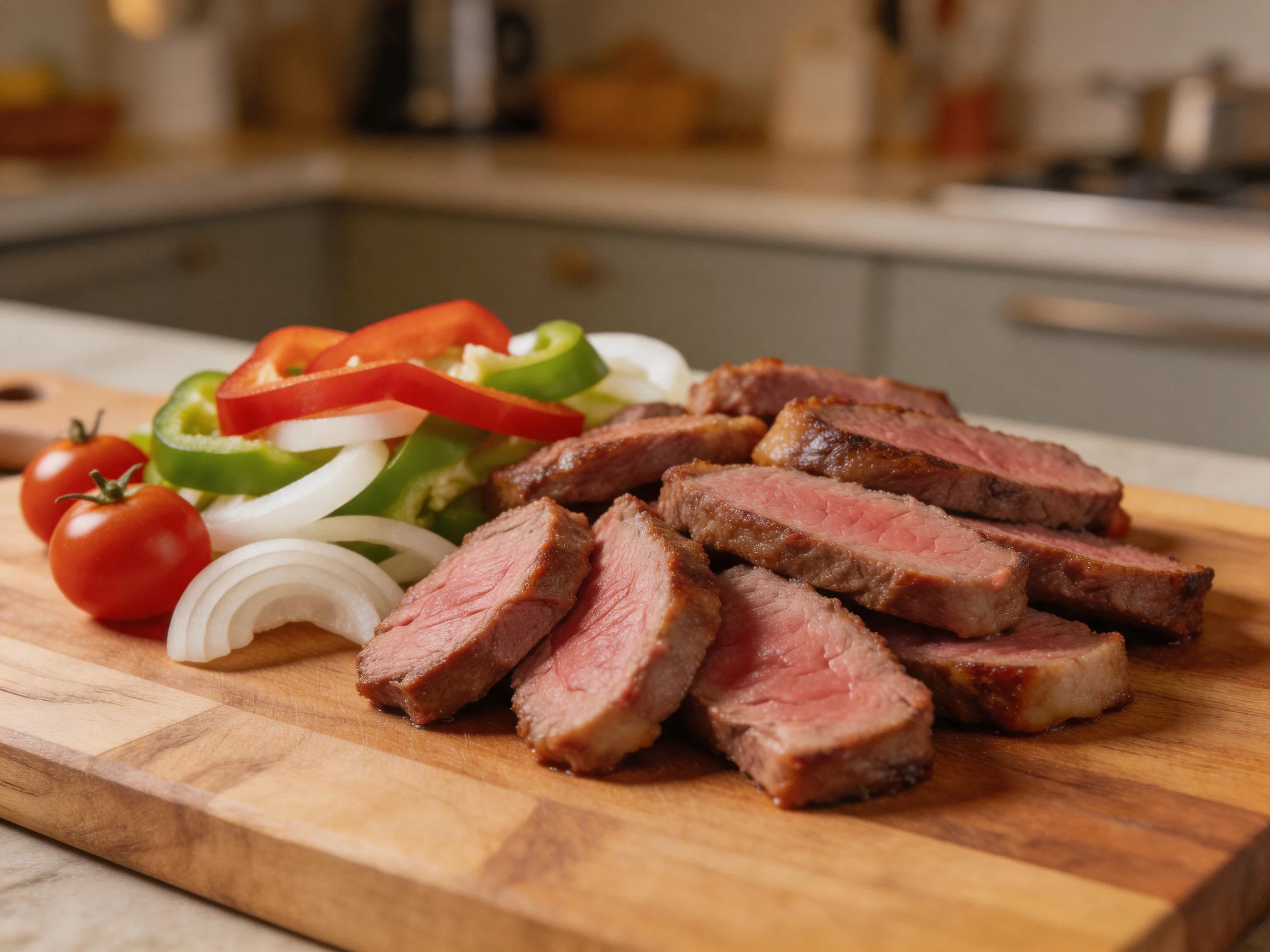 Sliced medium-rare steak with bell peppers, onions, and cherry tomatoes on a wooden cutting board