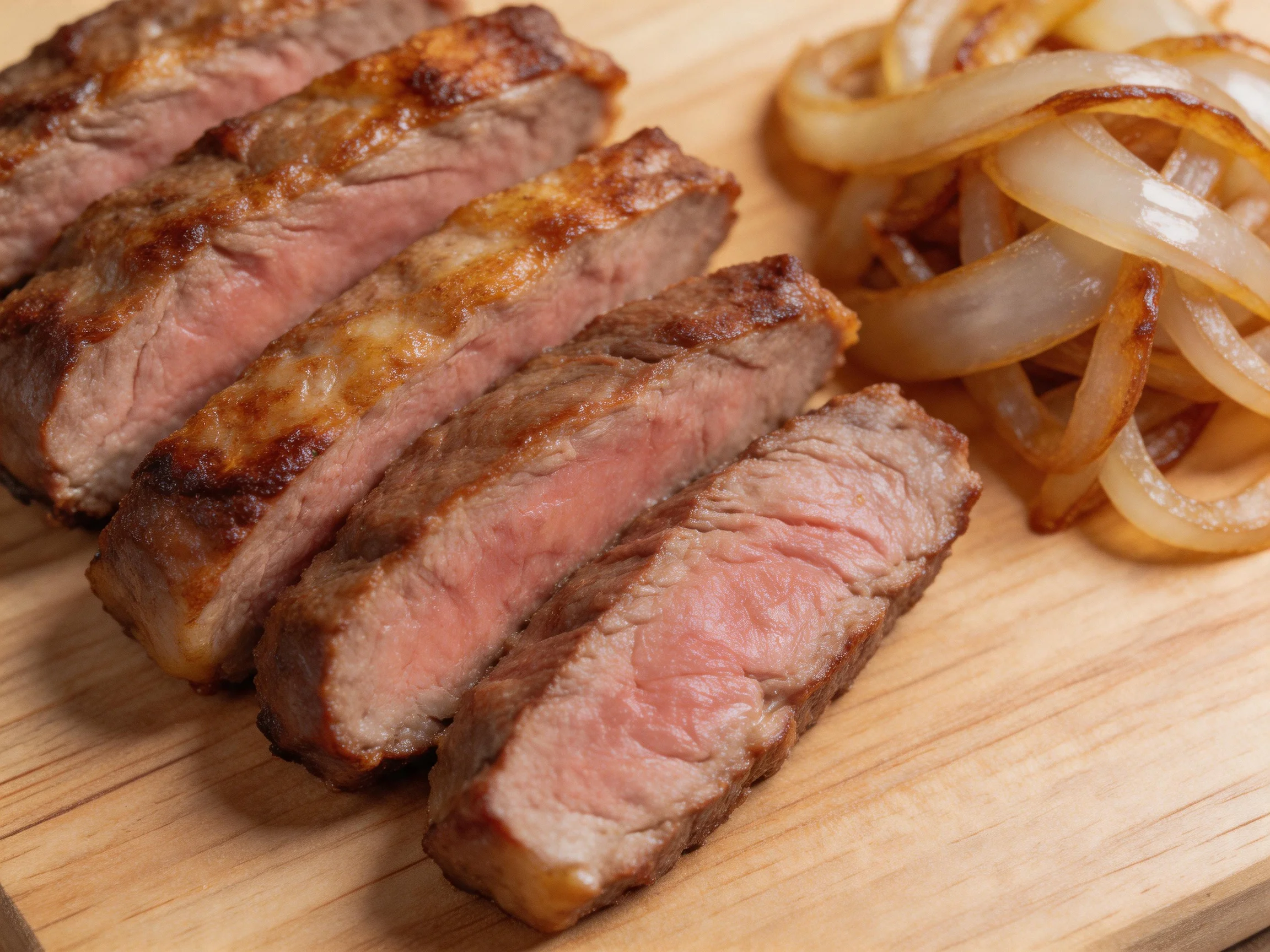 Sliced medium-rare steak is served with caramelized onions.