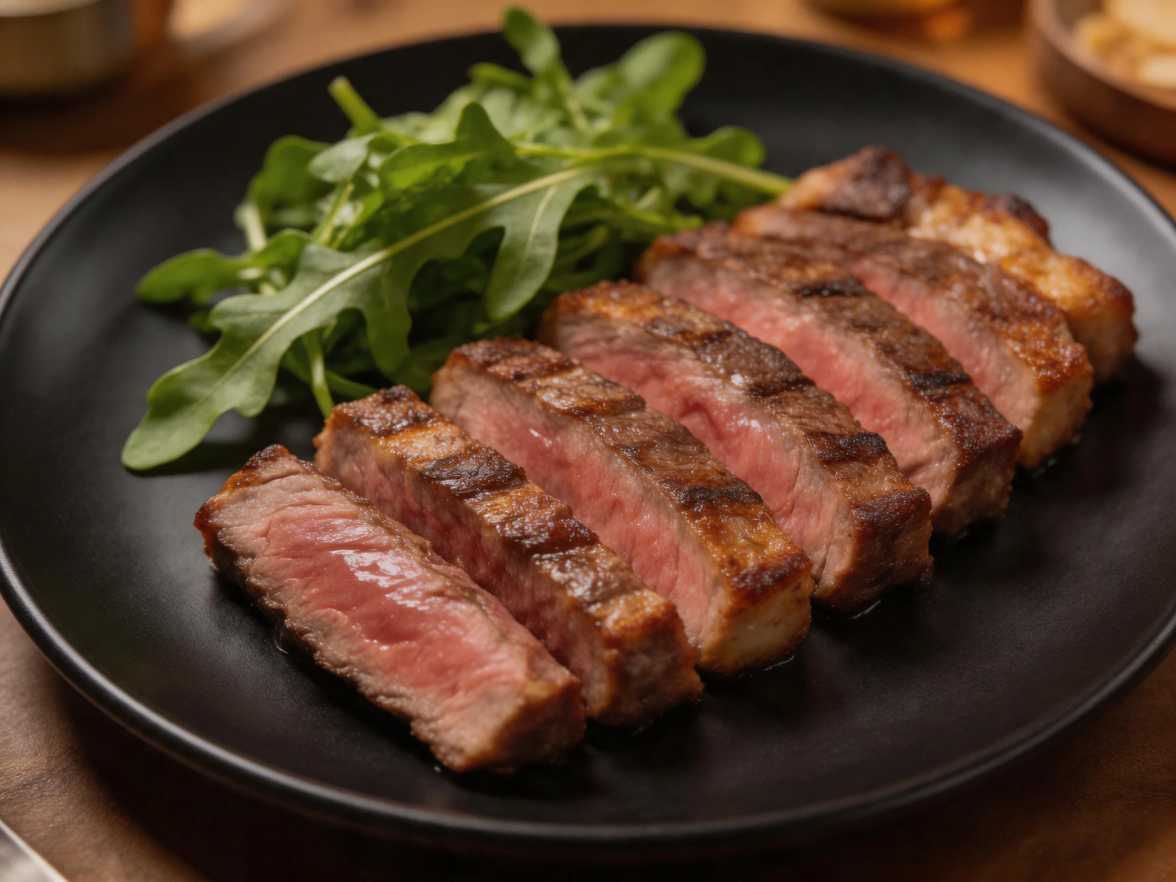 Sliced medium-rare steak with fresh arugula on a black plate