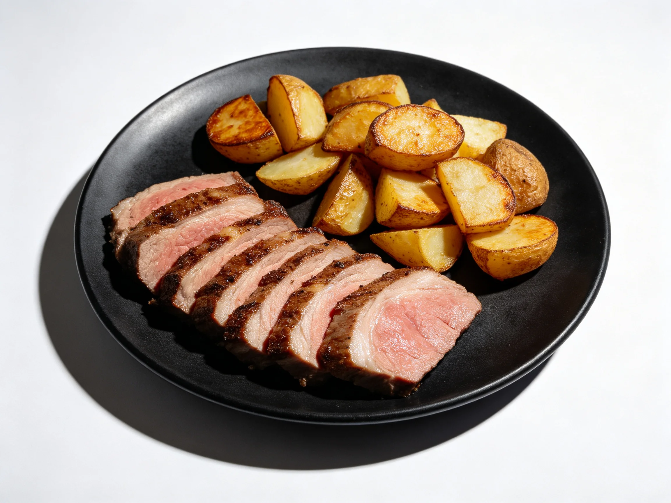 Sliced medium-rare steak with golden roasted potato wedges on a black plate
