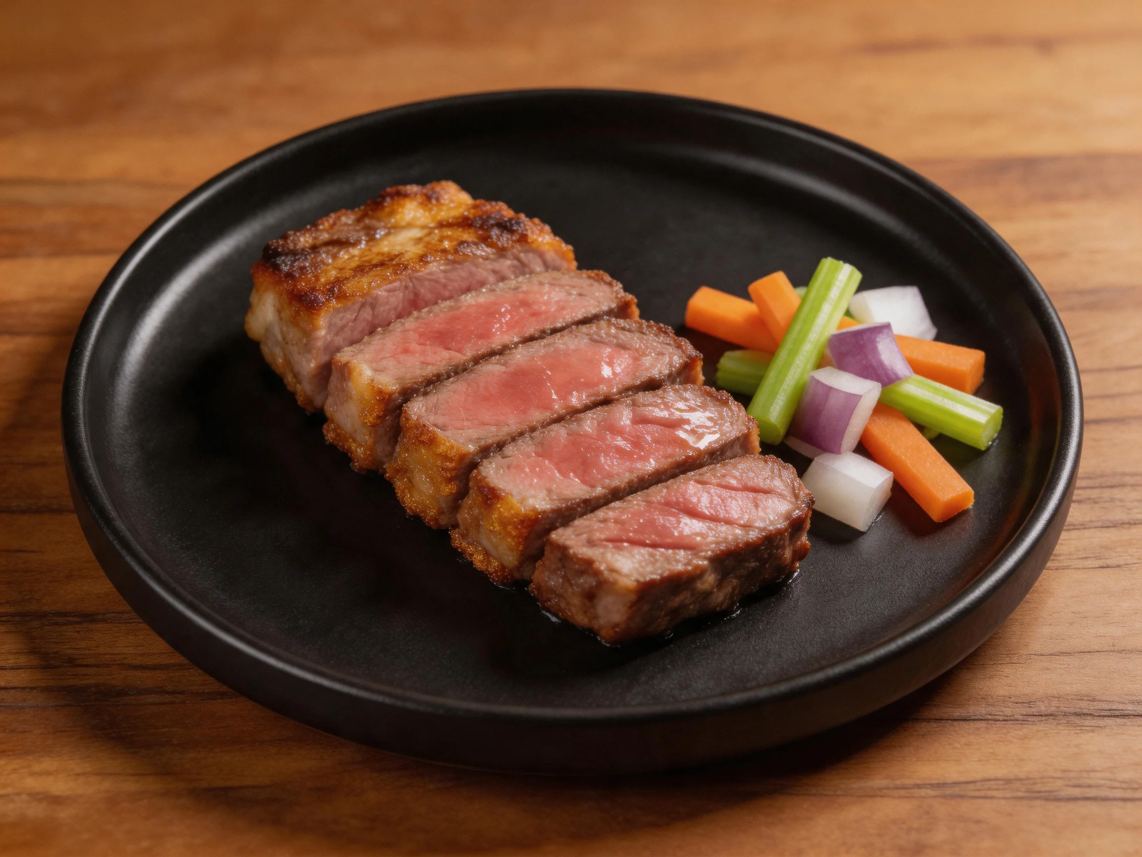 Sliced medium-rare steak with mixed vegetables on a black plate