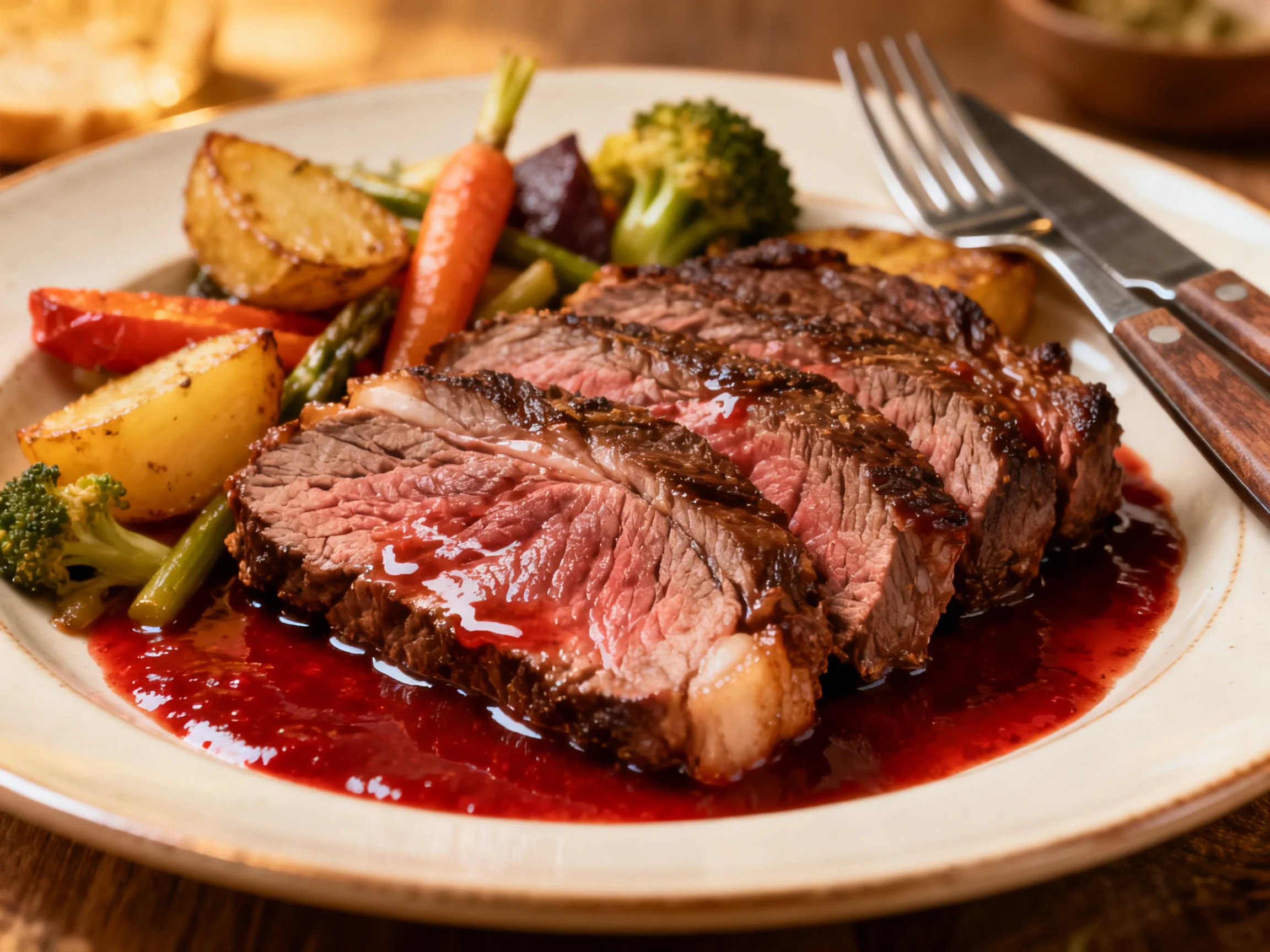 Sliced medium-rare steak with roasted vegetables and berry sauce