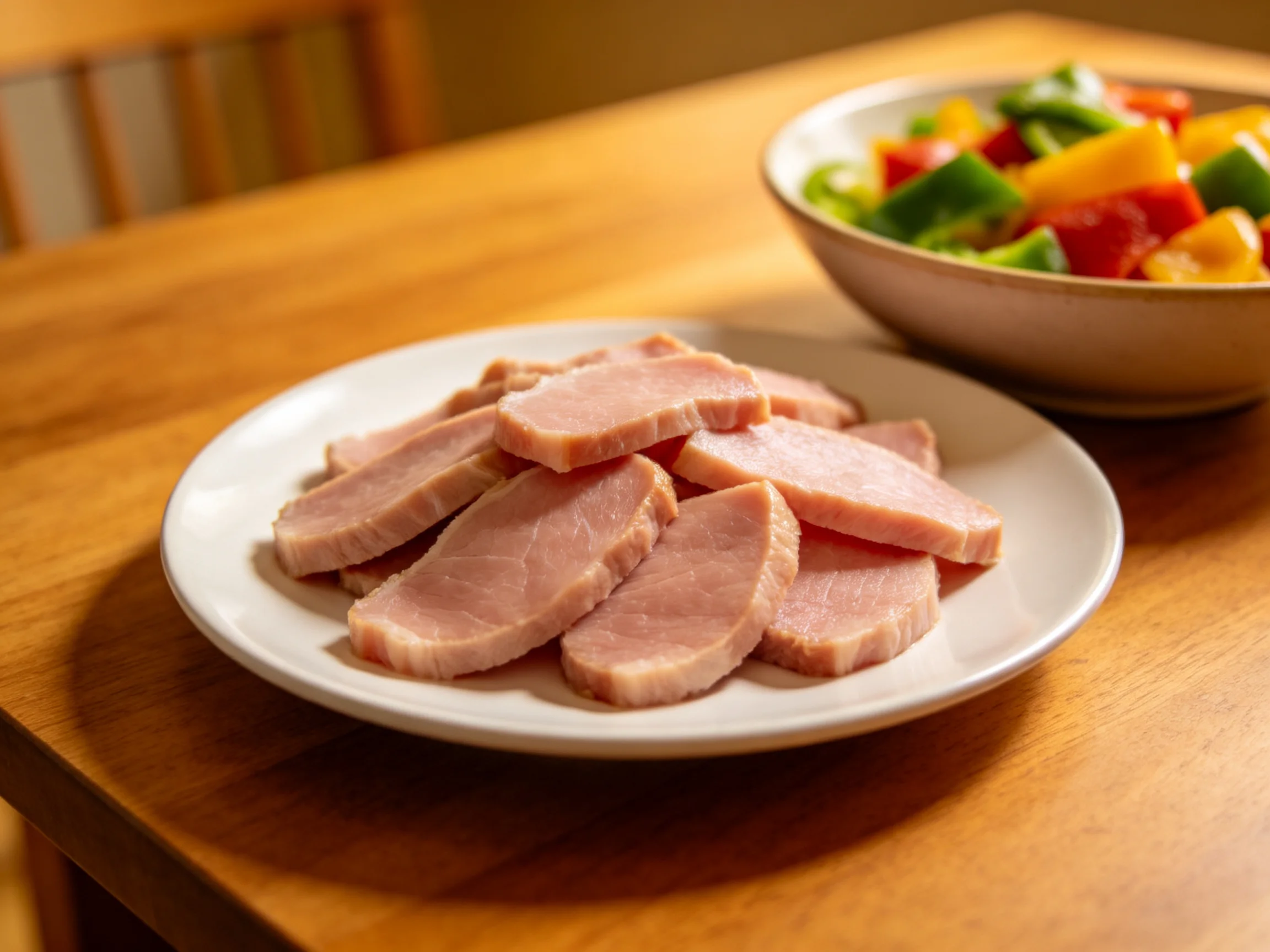 Sliced pink ham and colorful pepper salad on a wooden dining table