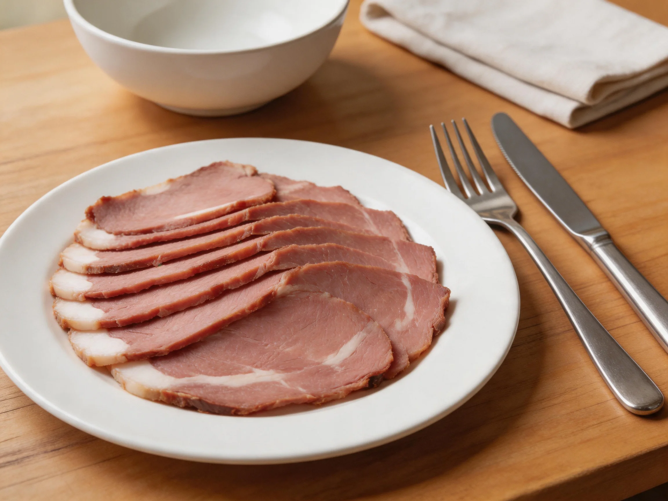 Sliced pink ham arranged on a white plate with silverware