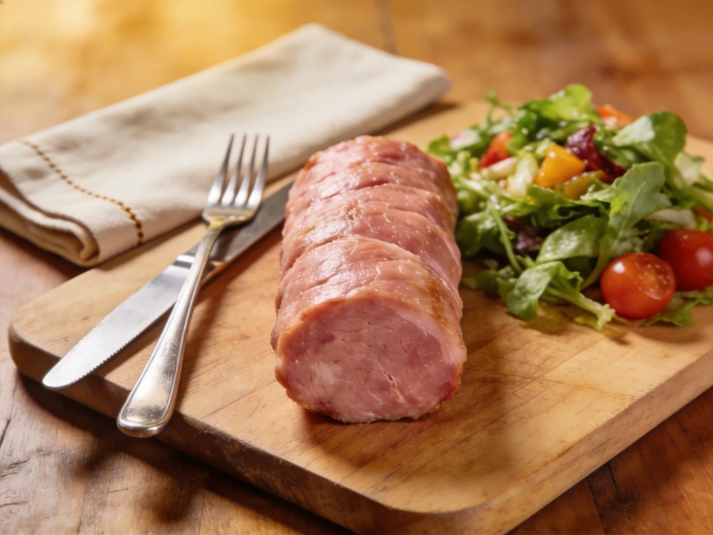 Sliced pink meat and fresh green salad on a wooden cutting board