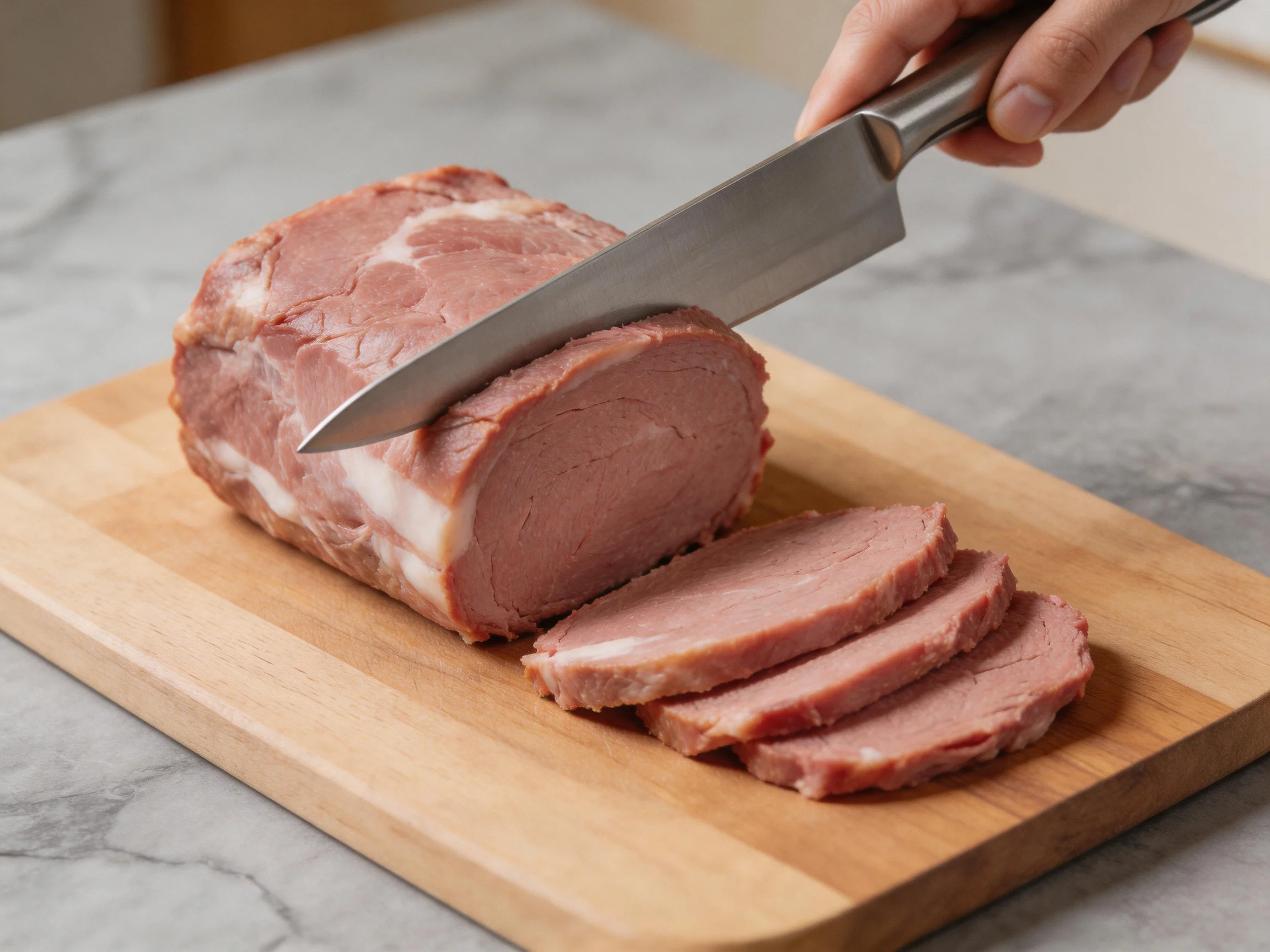 Sliced pink roast beef being cut on a wooden cutting board
