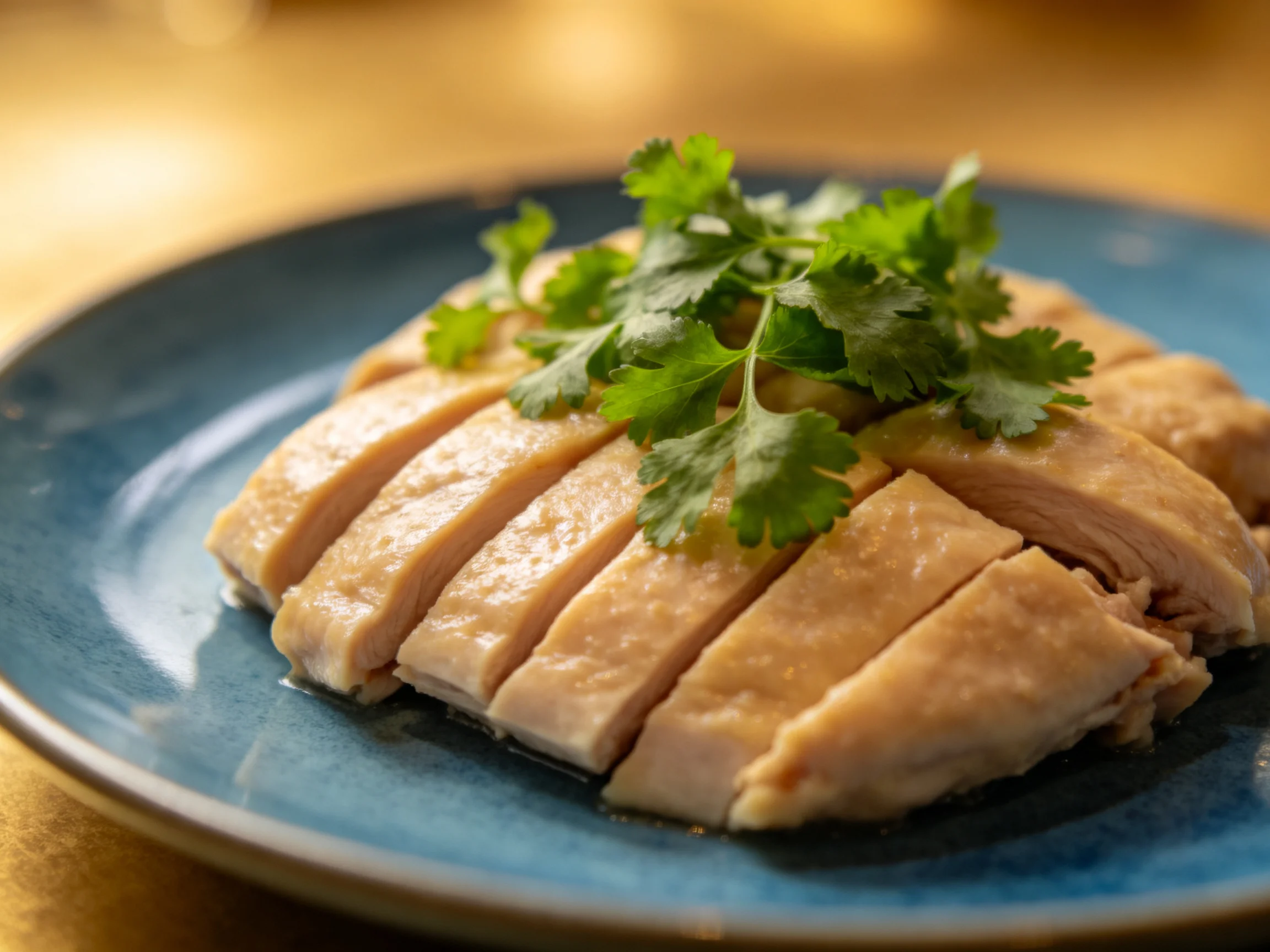 Sliced poached chicken garnished with fresh cilantro on a blue ceramic plate