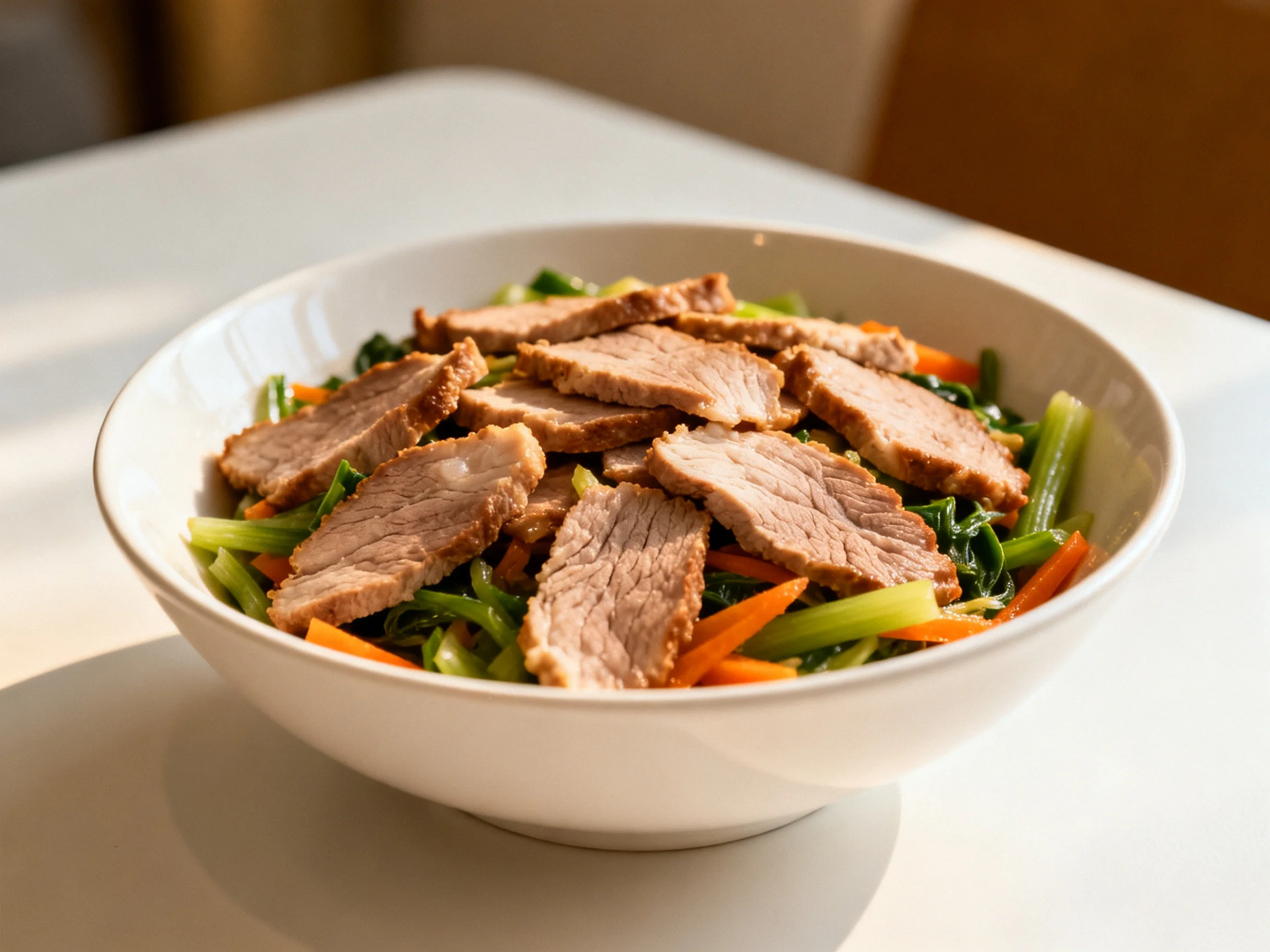 Sliced pork and mixed vegetables in a white bowl