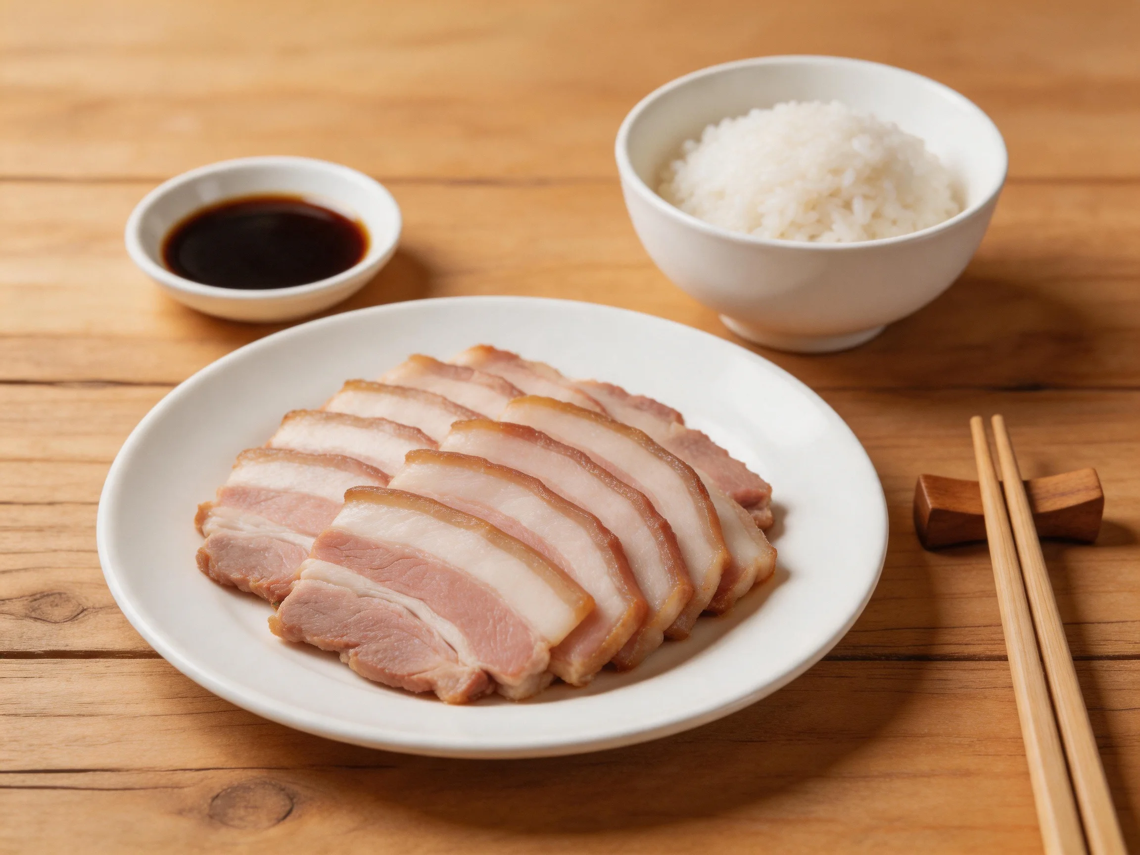 Sliced pork belly, steamed rice, soy sauce on wooden table