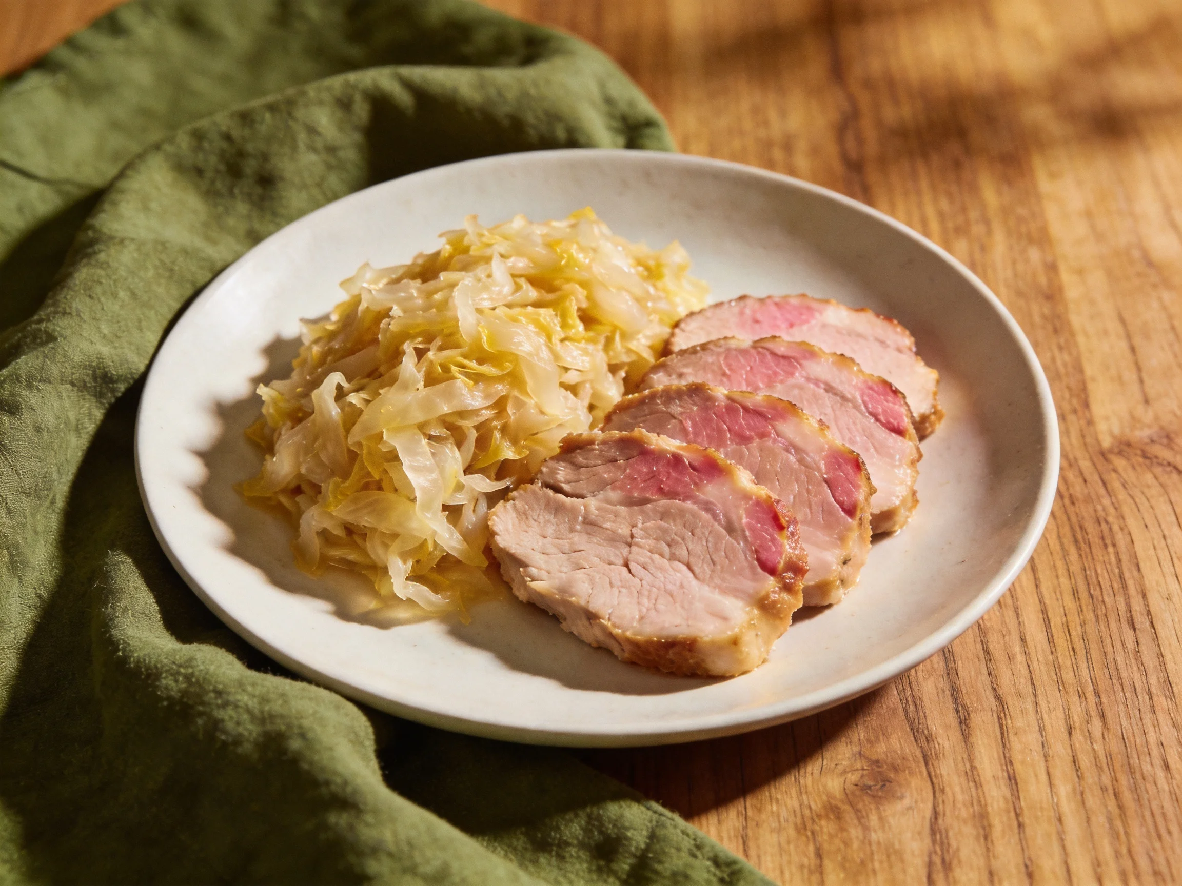 Sliced pork tenderloin and sauerkraut served on a white plate