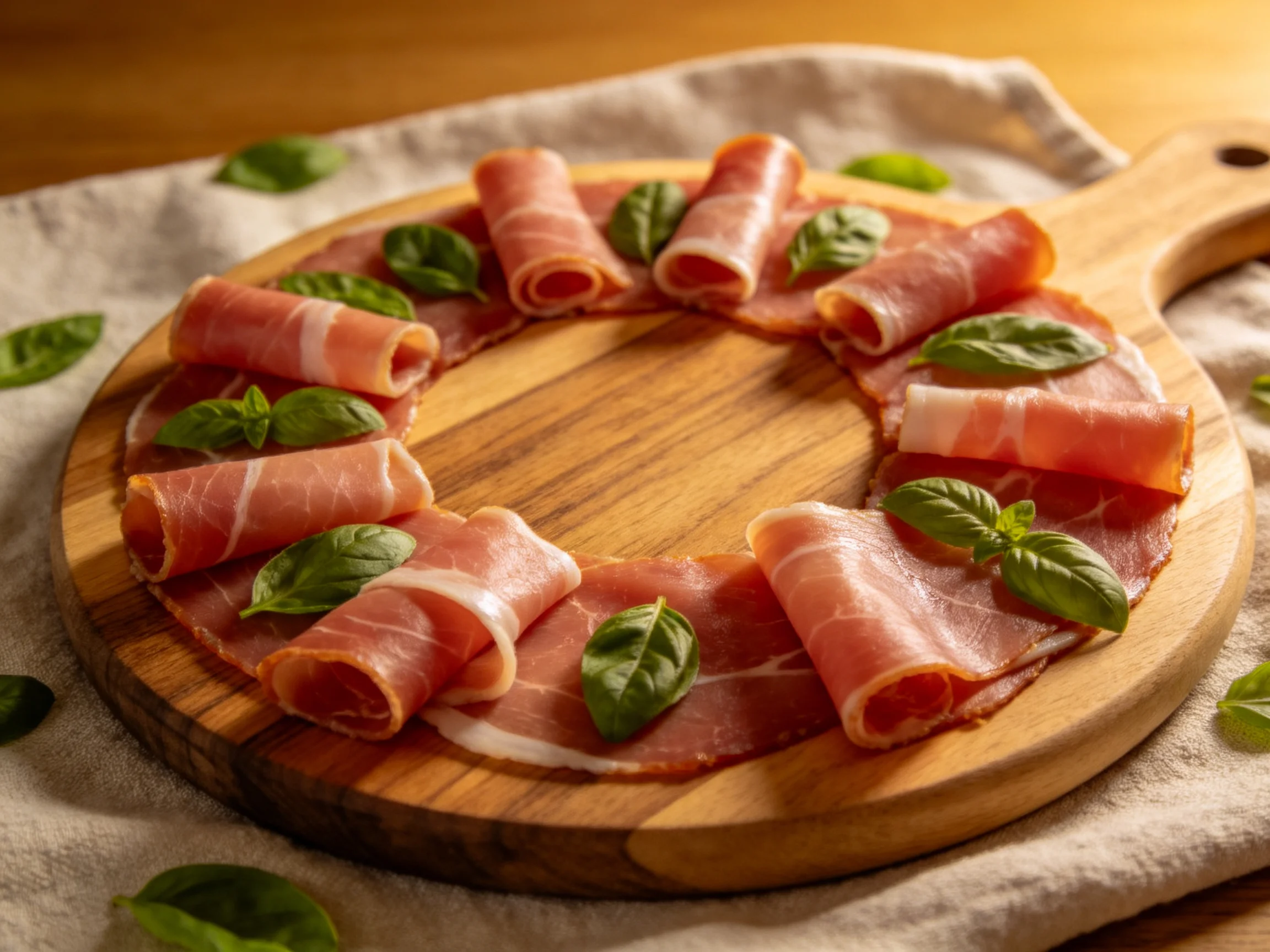 Sliced prosciutto arranged in a circular pattern with fresh basil on a wooden platter