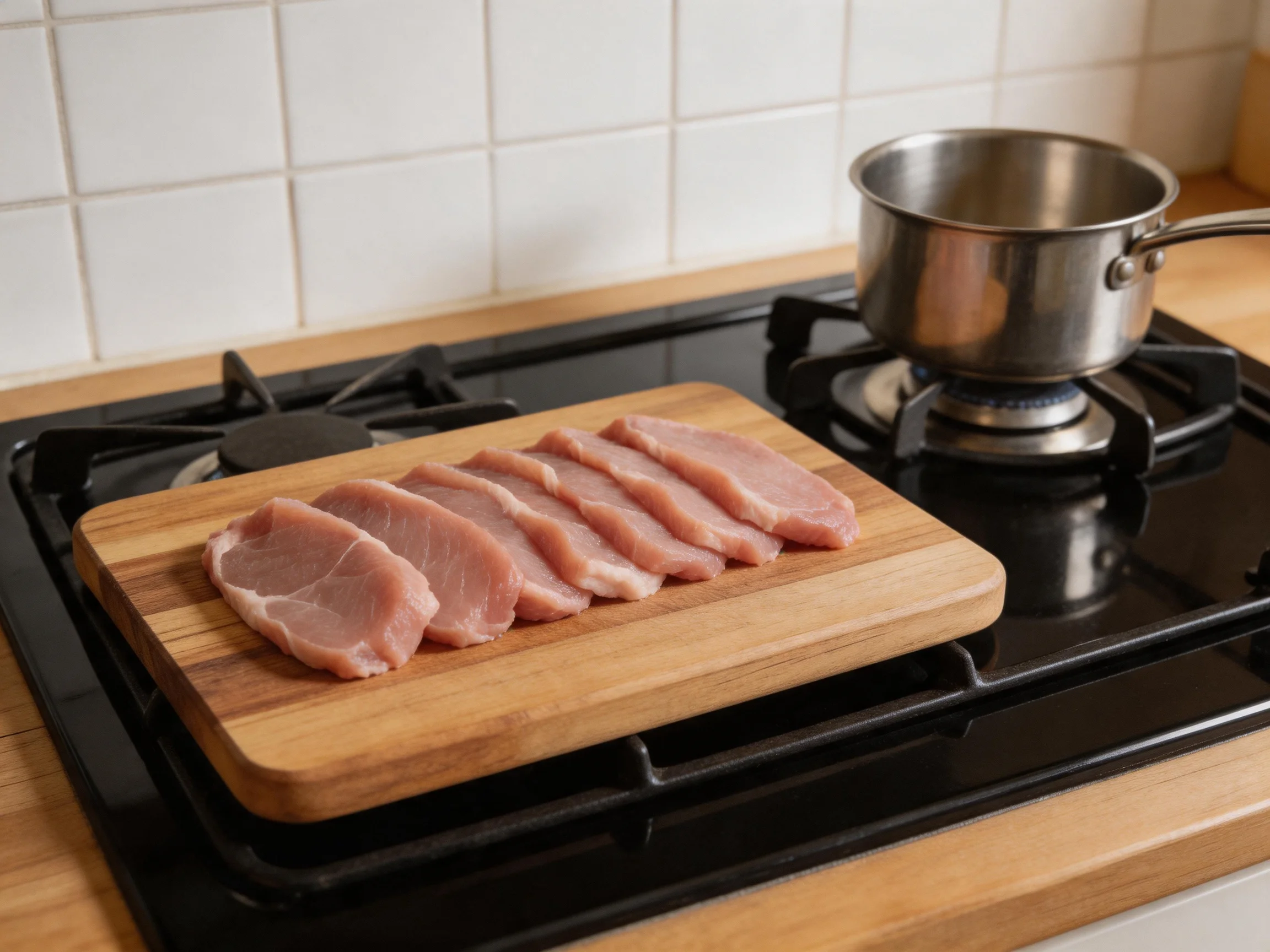 Sliced raw pork arranged on a wooden cutting board atop a black gas stove