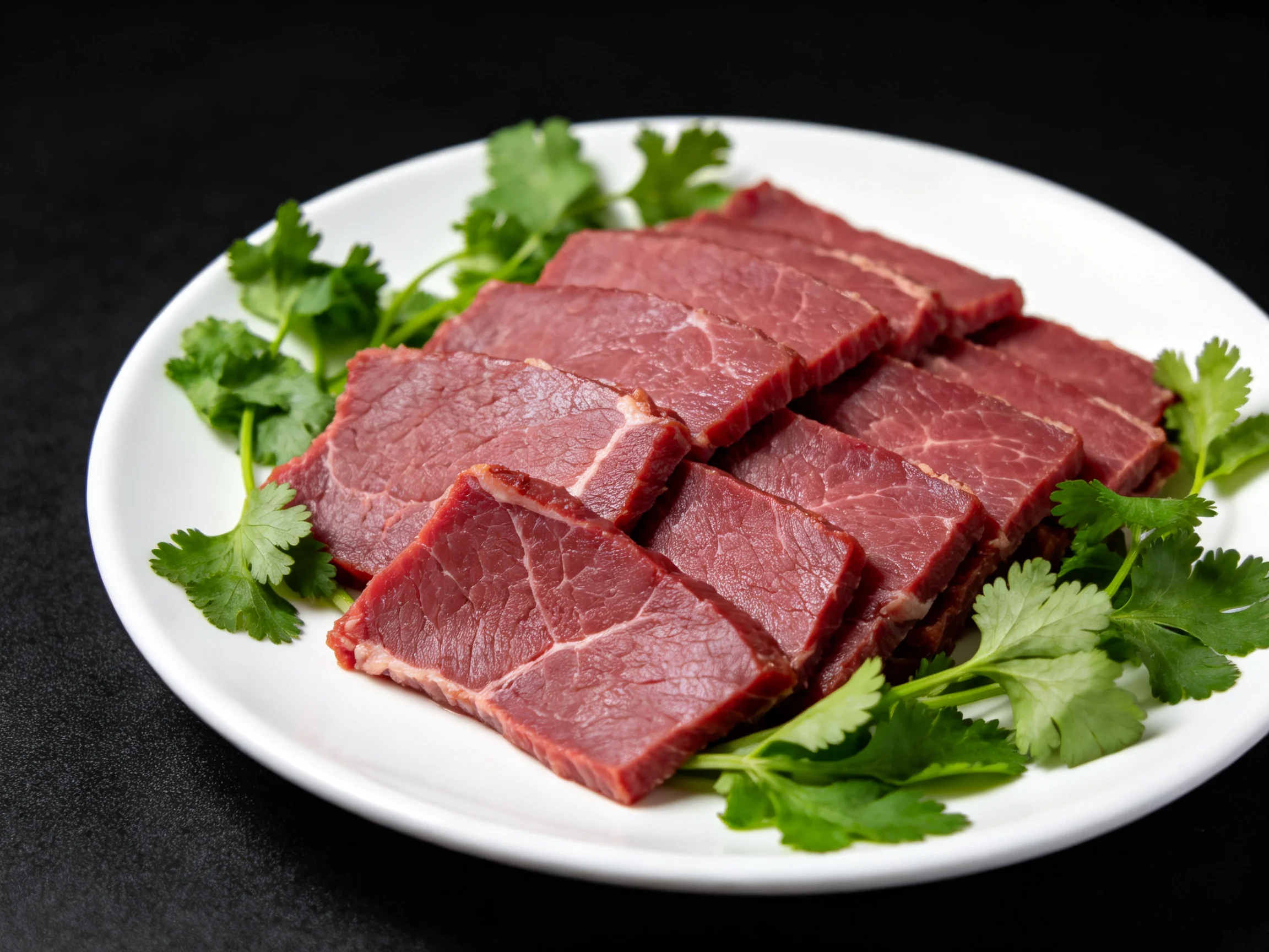 Sliced red beef arranged on a white plate with cilantro