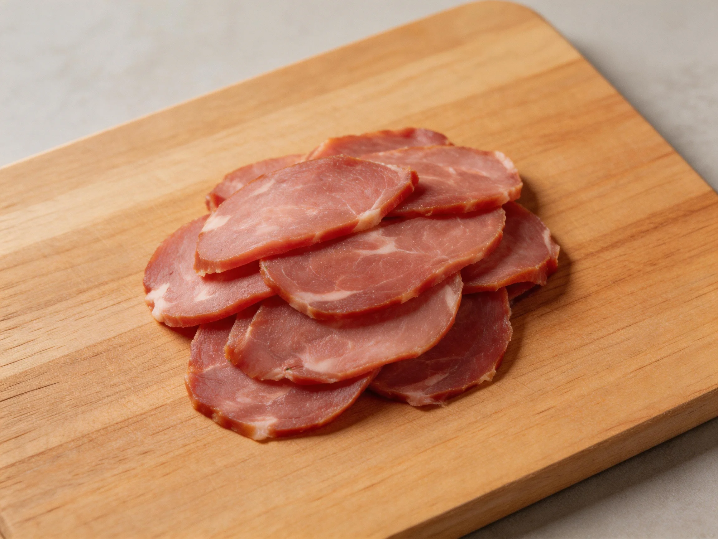 Sliced reddish-brown ham arranged on a wooden cutting board