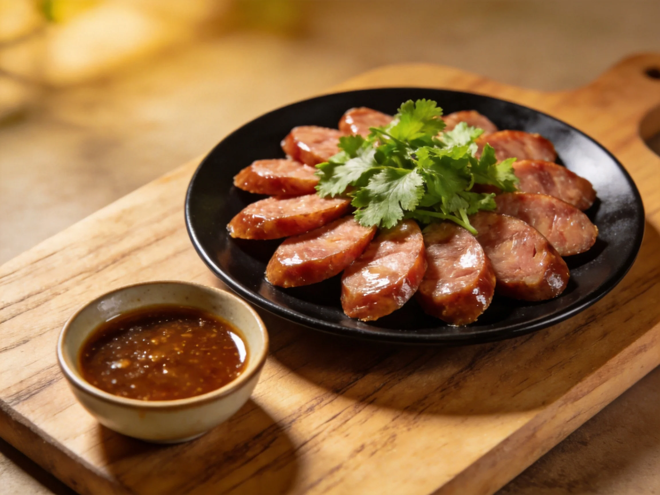 Sliced reddish-brown sausage with cilantro on a black plate beside a small sauce dish